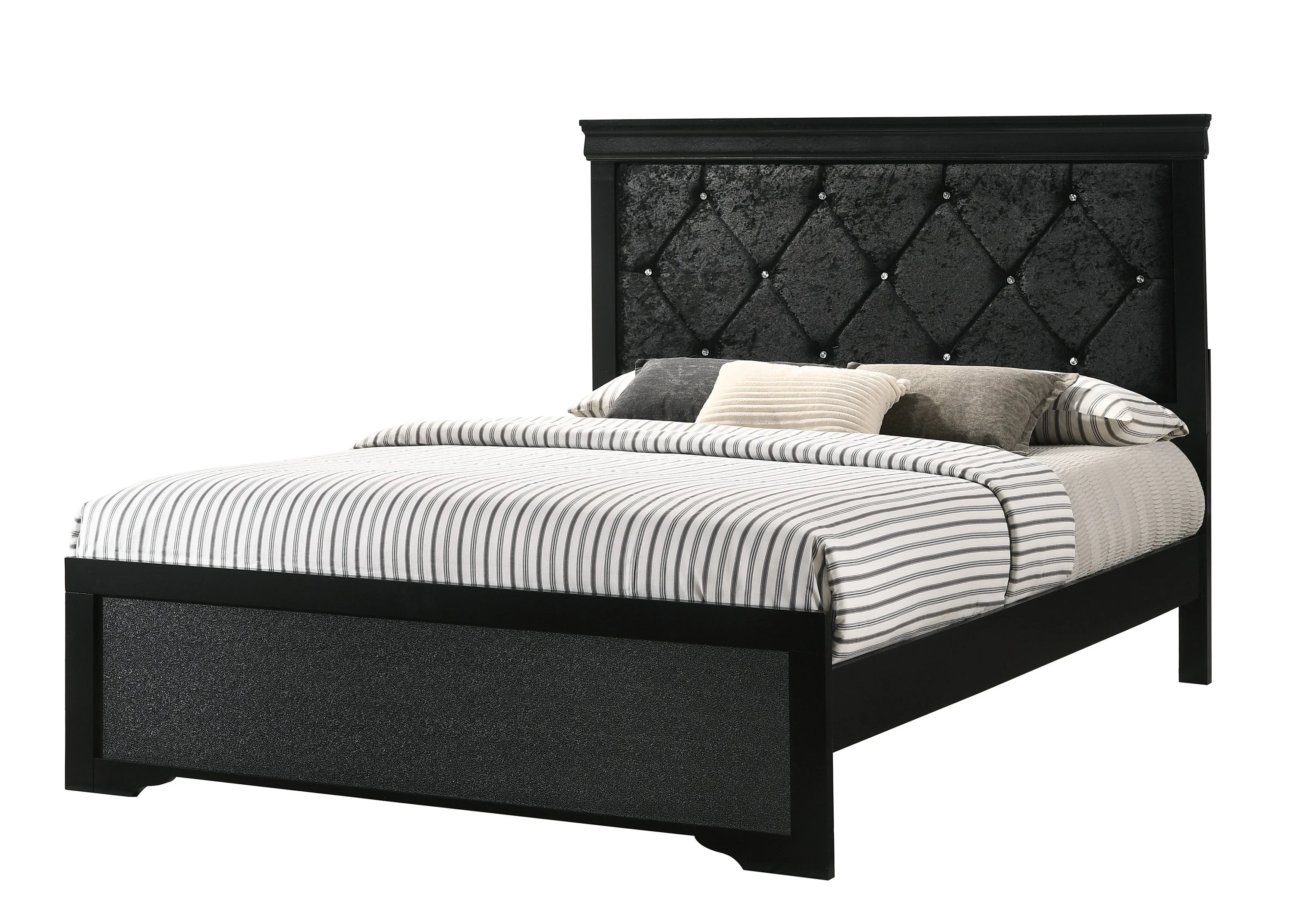 3Pc Black Finish Full Size Panel Upholstered Button Tufted Headboard Bed Nightstand Set Wooden Bedroom Furniture