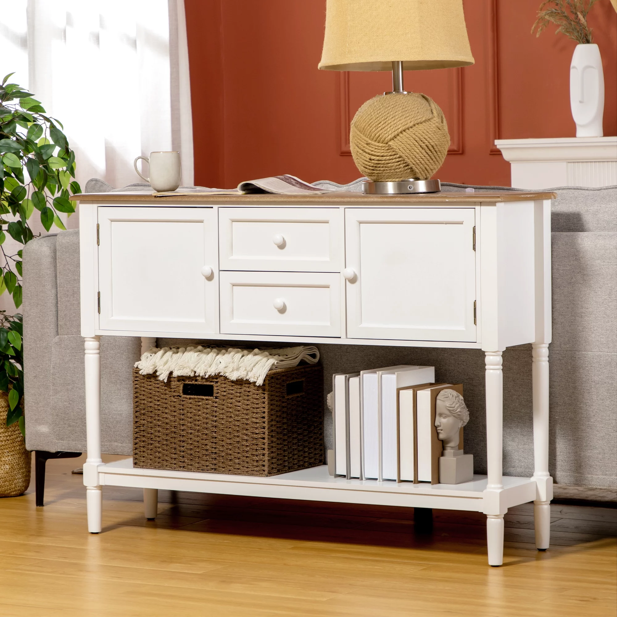 HOMCOM Console Table with Drawers, Vintage Entryway Table with 2 Drawers, Cabinets and Bottom Shelf, Retro Sofa Table for Living Room, Bedroom, White