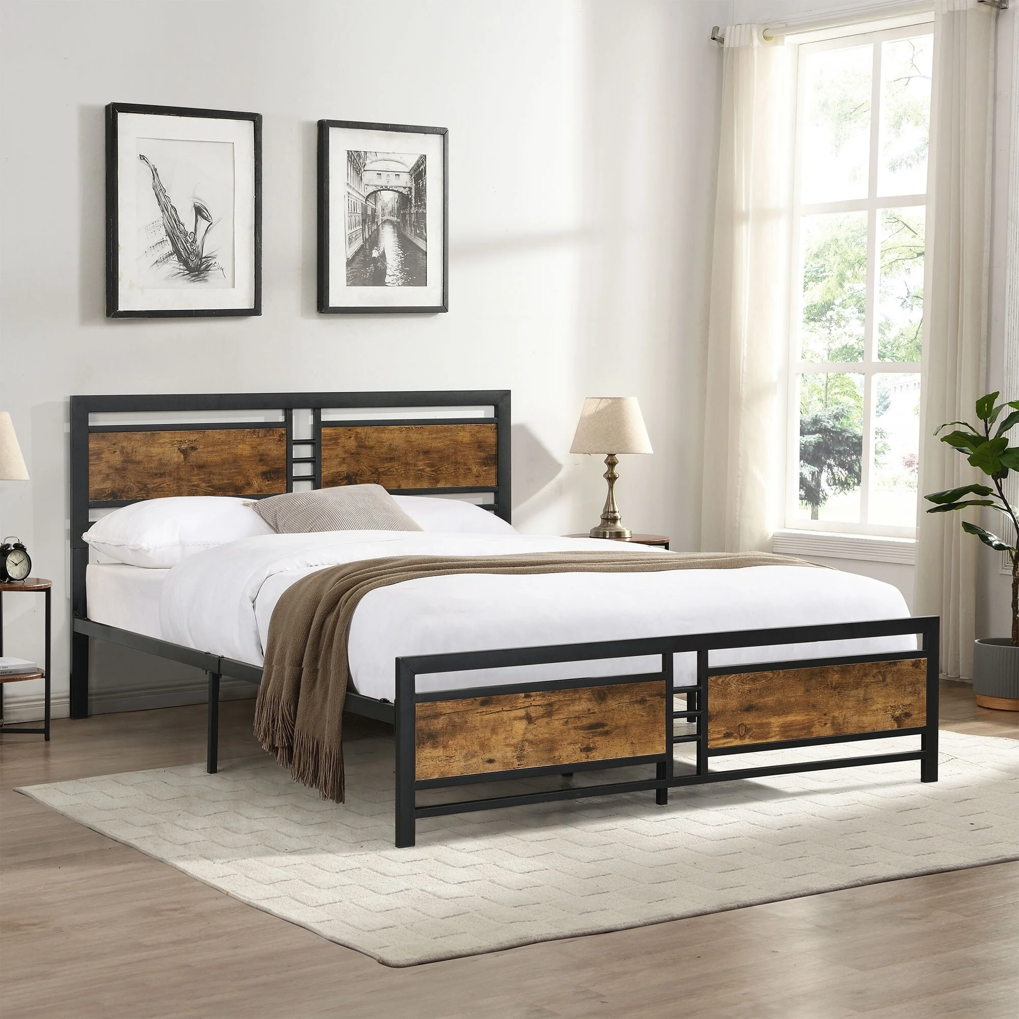 BESTCOSTY Queen Size Bed with Wood Headboard and Footboard