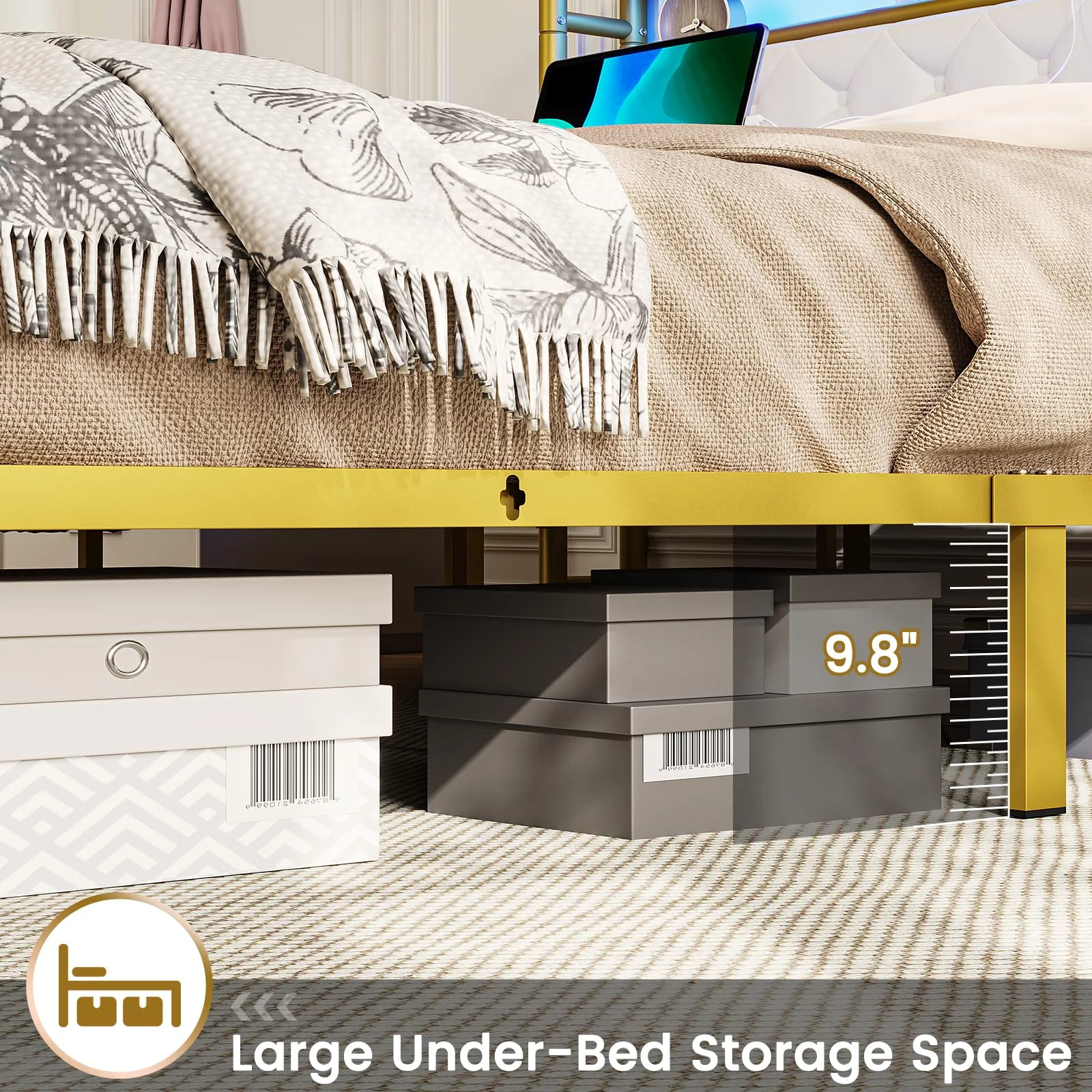 King Size Bed Frame with Storage Headboard,Platform Bed Frame with LED Light and Power Plug Outlets,Velvet Tufted Upholstered Headboard & Footboard,Noise-Free,White