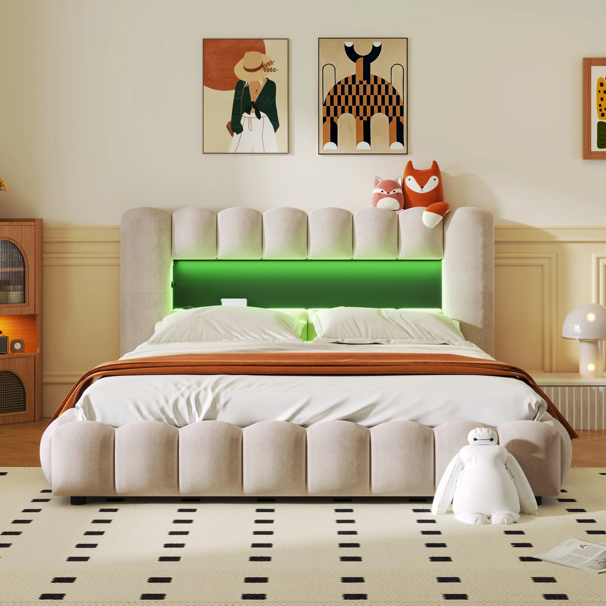 Deno Queen Size Upholstered Platform Bed w LED -Beige