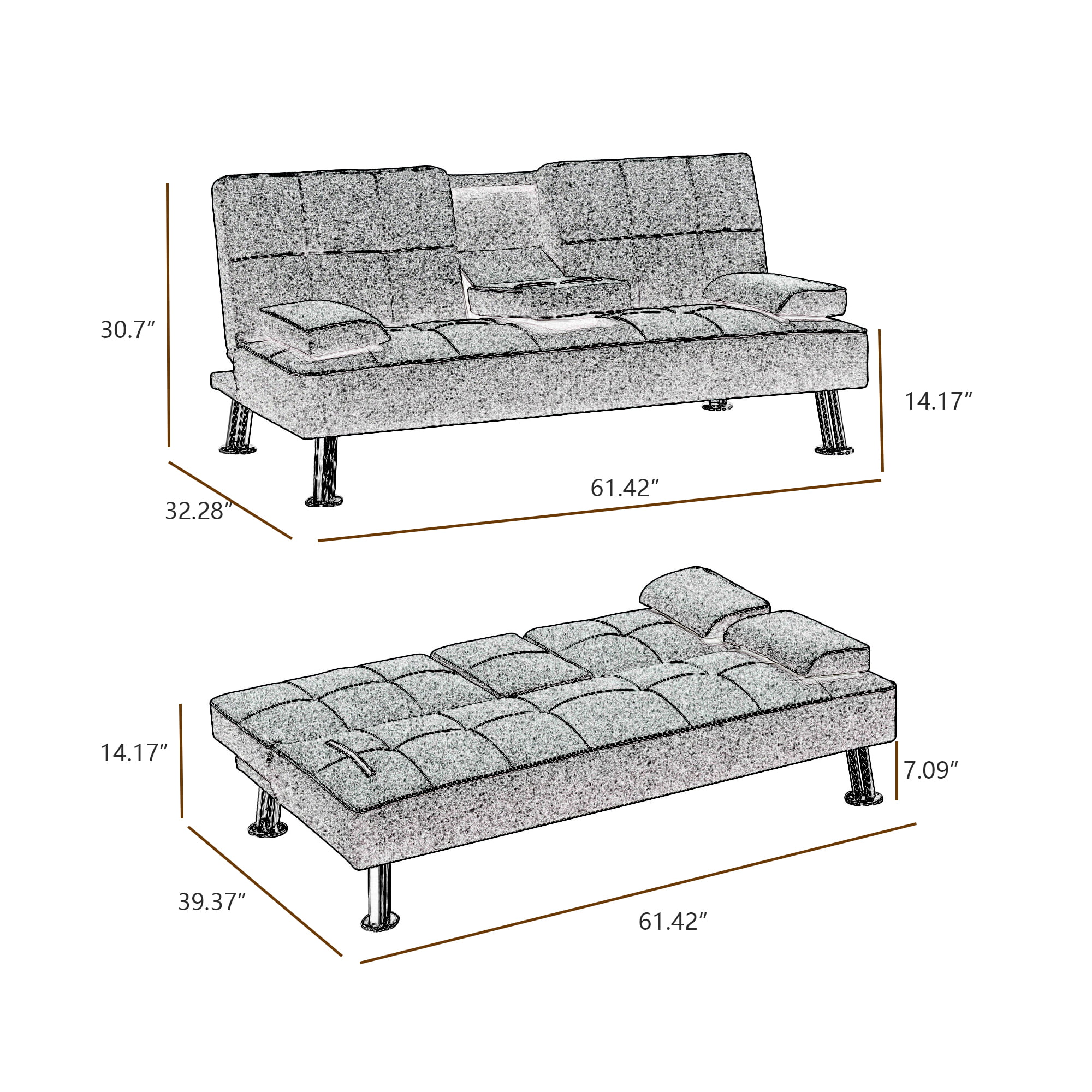 Anself Modern Convertible Folding Futon Sofa Bed with2 Cup holders , Fabric Loveseat Sofa Bed with Removable Armrests and Metal Legs .
