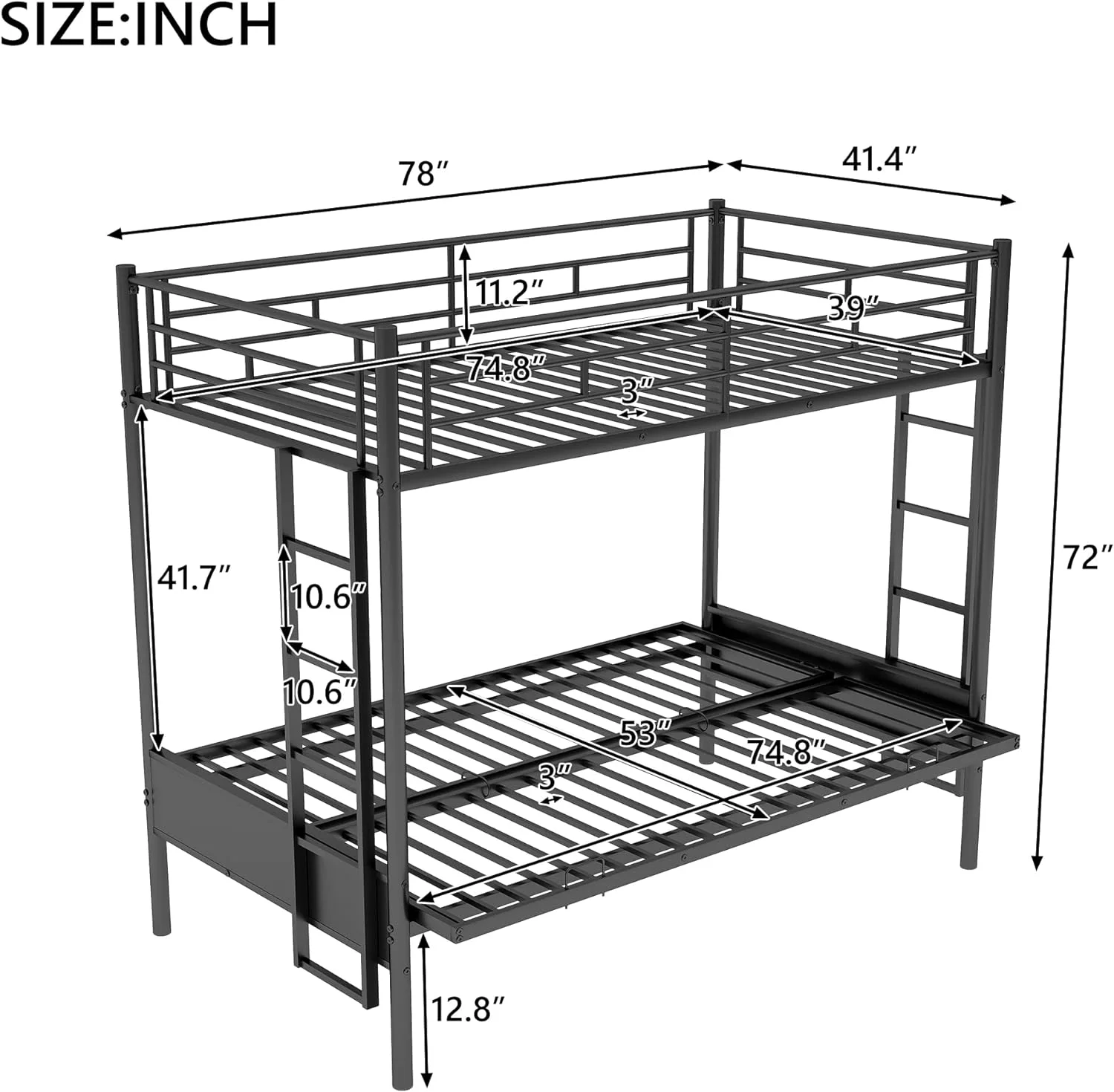 Over Futo/Full Buk Bed, Bed Frame With Sturdy Steel Frame, Covertible Metal Buk Bed Couch Ad Bed With Guard Rail Ladder For Kids Adults Tees,Black