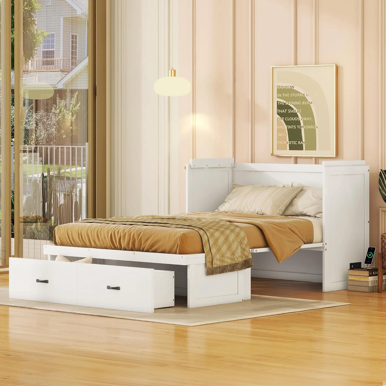 Full Size Murphy Bed Wih USB Por Ad A Large Drawer, Space-Savig Wall Bed For Mulipurpose Gues Room Or Home Office - Whie