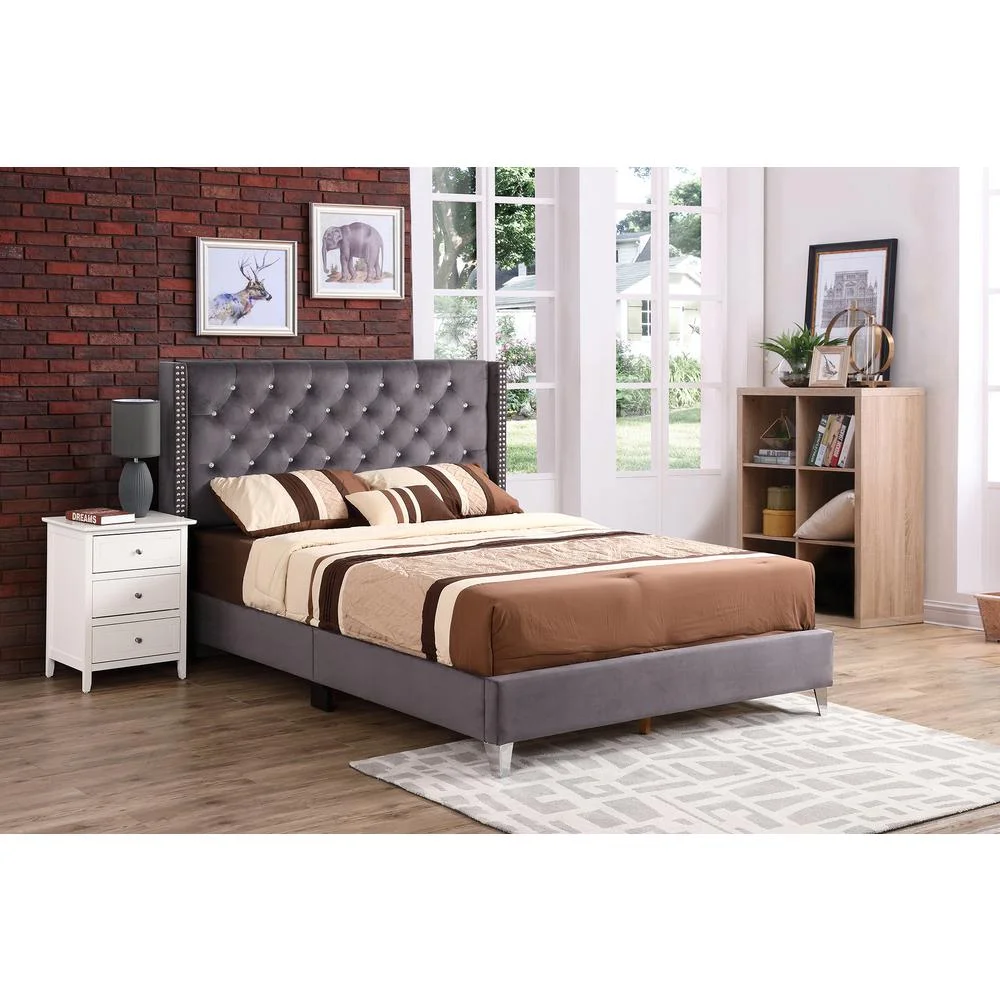 Passion Furniture Julie Dark Gray Tufted Upholstered Low Profile Full Panel Bed