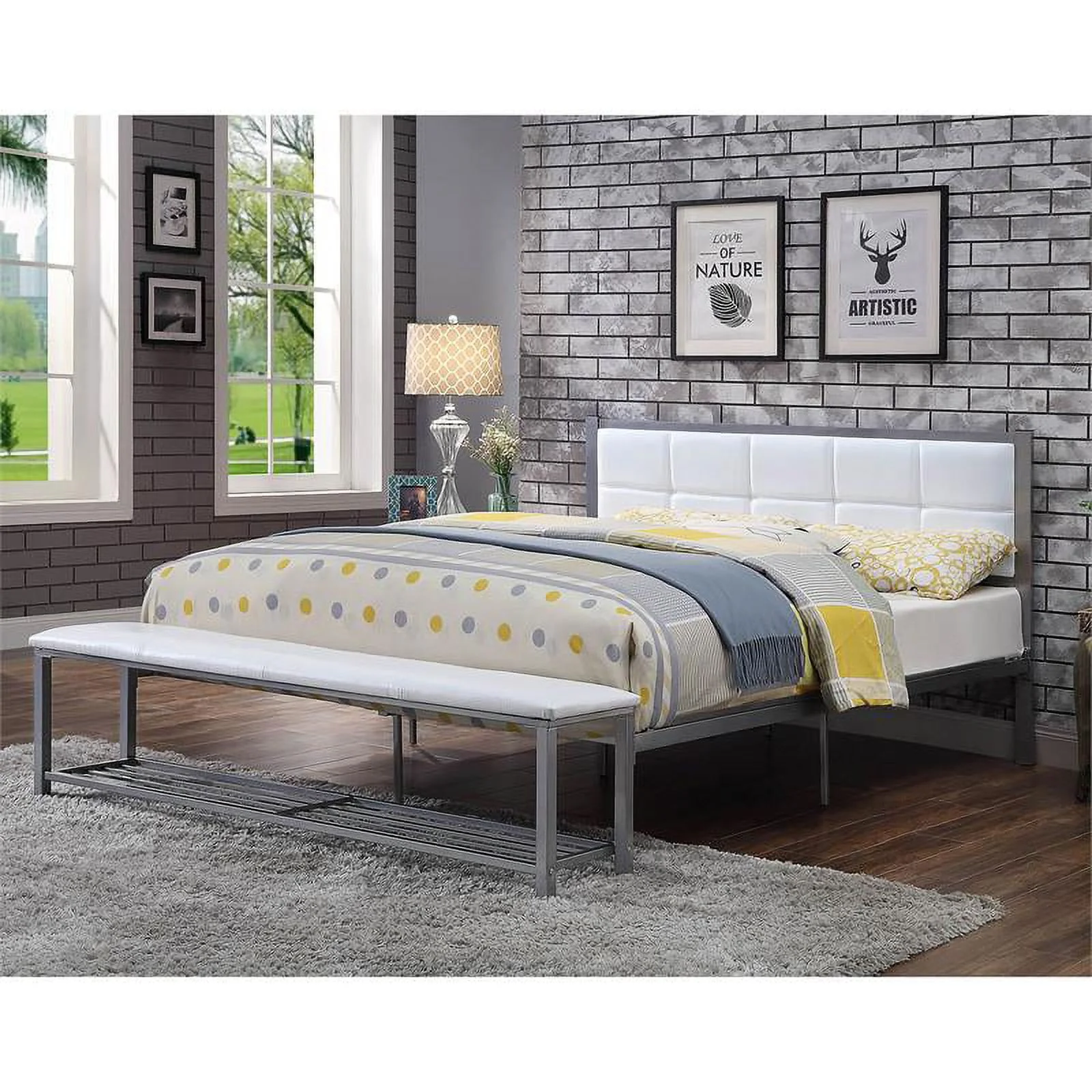 Furniture of America Kushner Industrial Metal Platform Bed with Bench in White