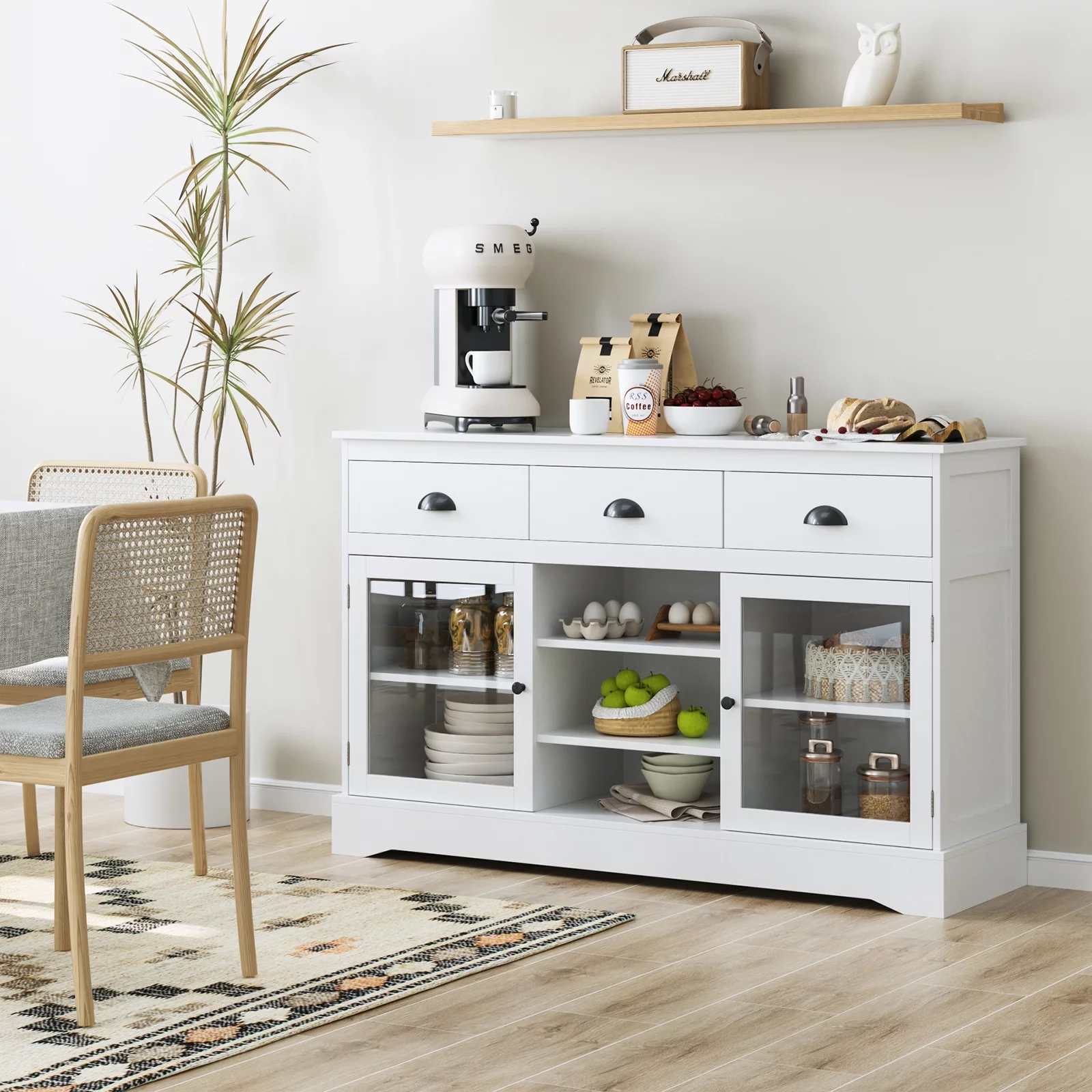 Homfa Sideboard Buffet, 53'' Wide Kitchen Cupboard Storage Cabinet with 3 Drawers, White