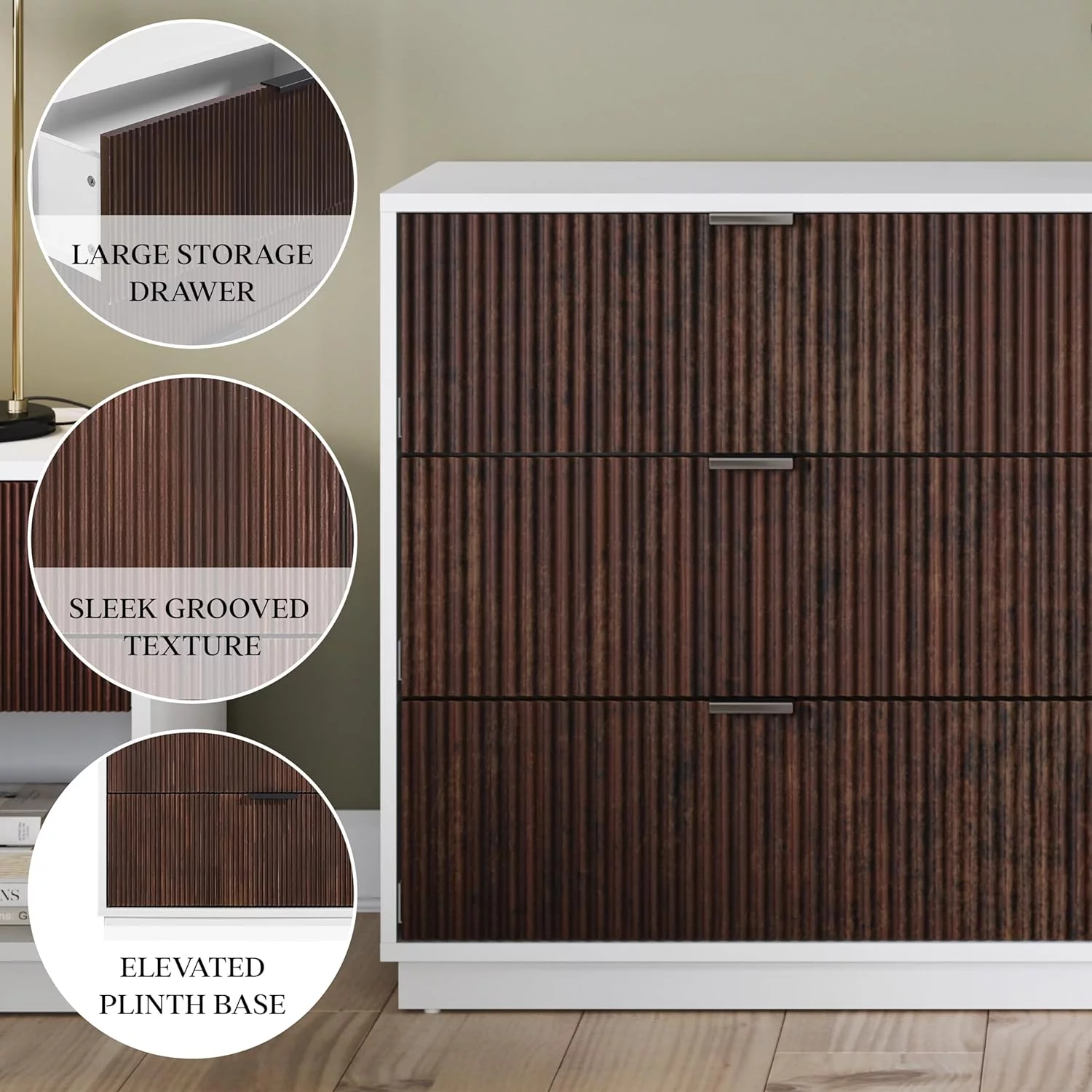 DG Casa Easton Modern 6-Drawer White Dresser in Walnut with Metal Hardware Pulls & Textured Drawers