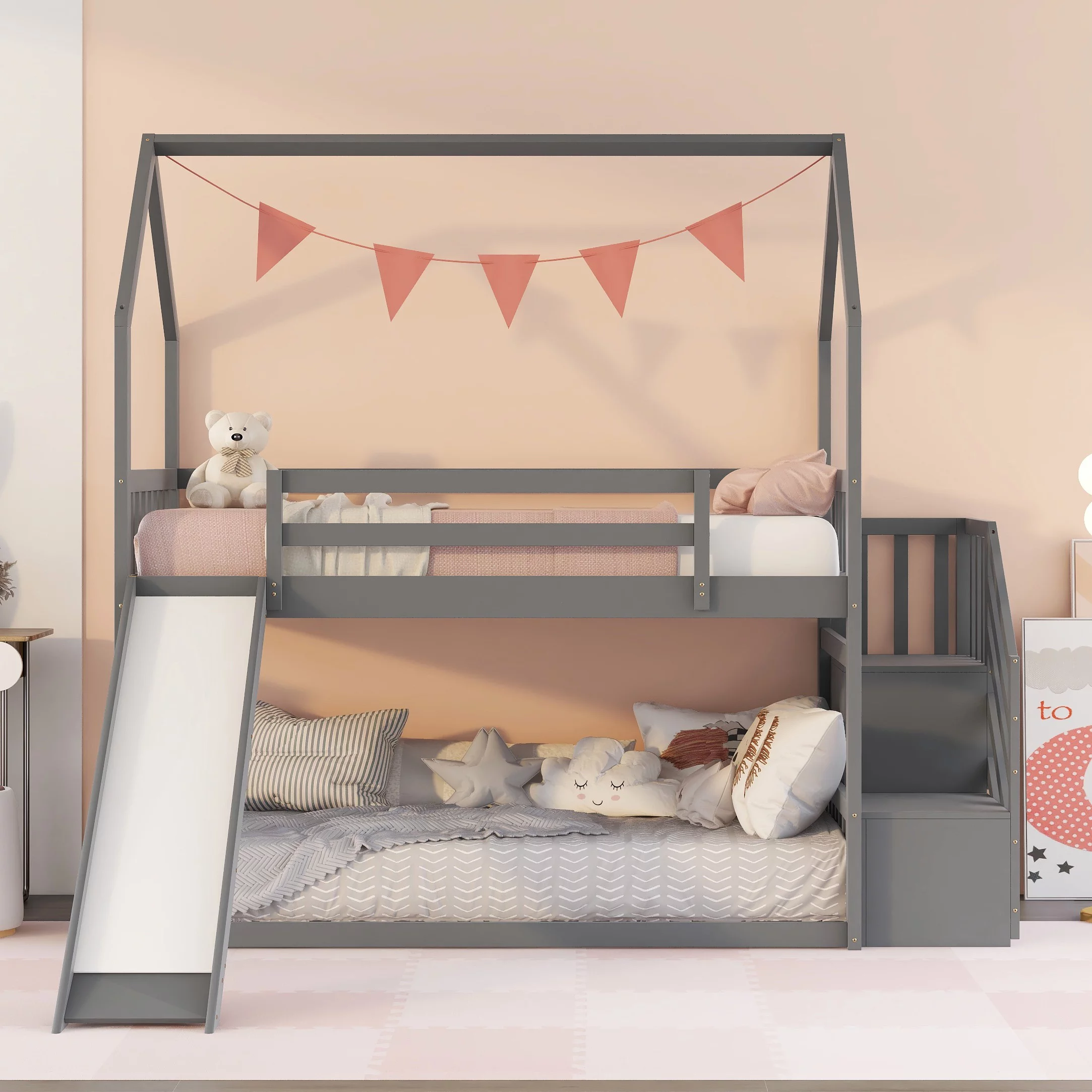Bellemave Bunk Beds with Slide and Stairs, Wooden Twin Over Twin House Bunk Bed with Storage Staircase, Loft Bunk Bed Frame for Kids Girls Boys (Gray)