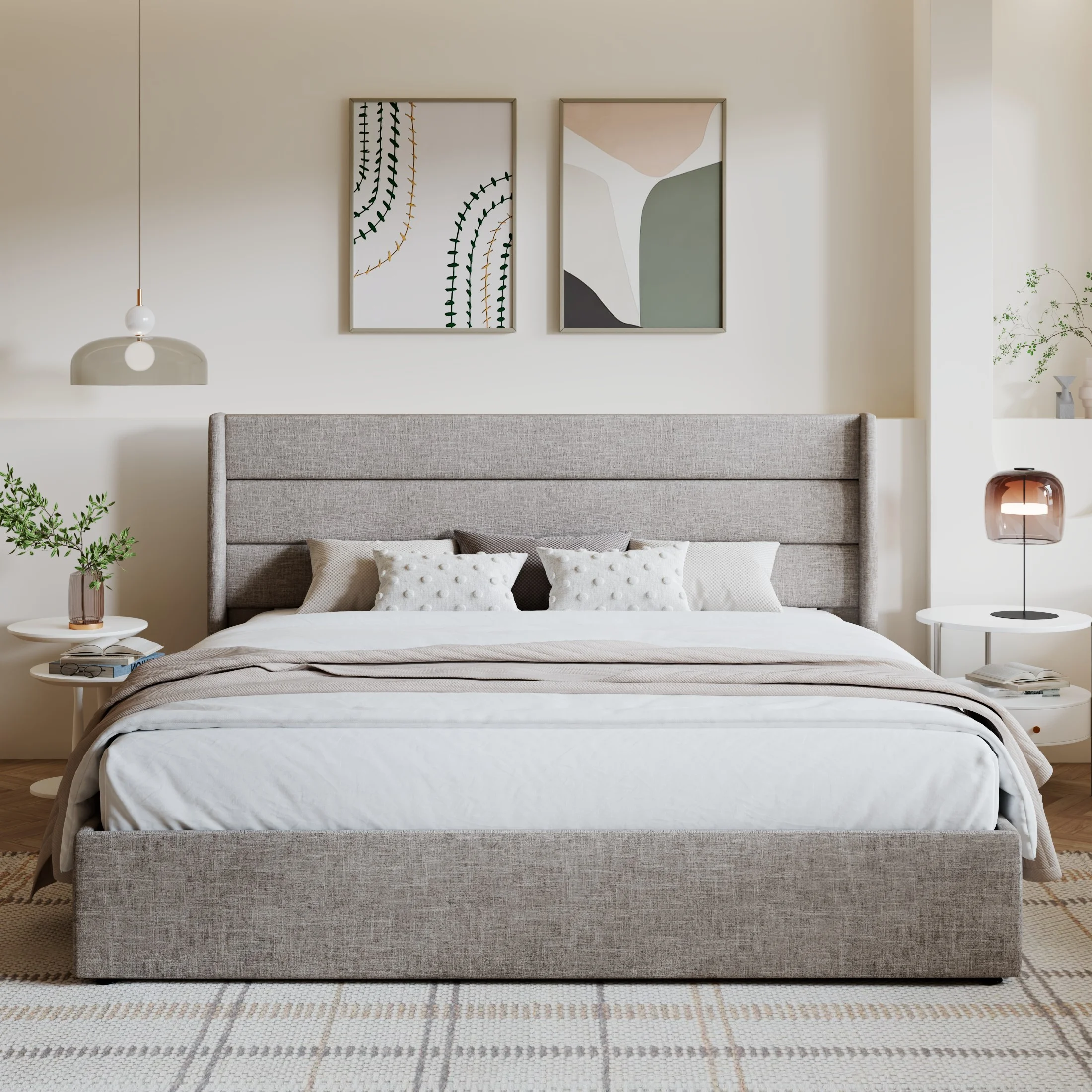 Amolife King Size Upholstered Lift up Storage Platform Bed Frame with Channel Wingback Headboard, Beige, Adult