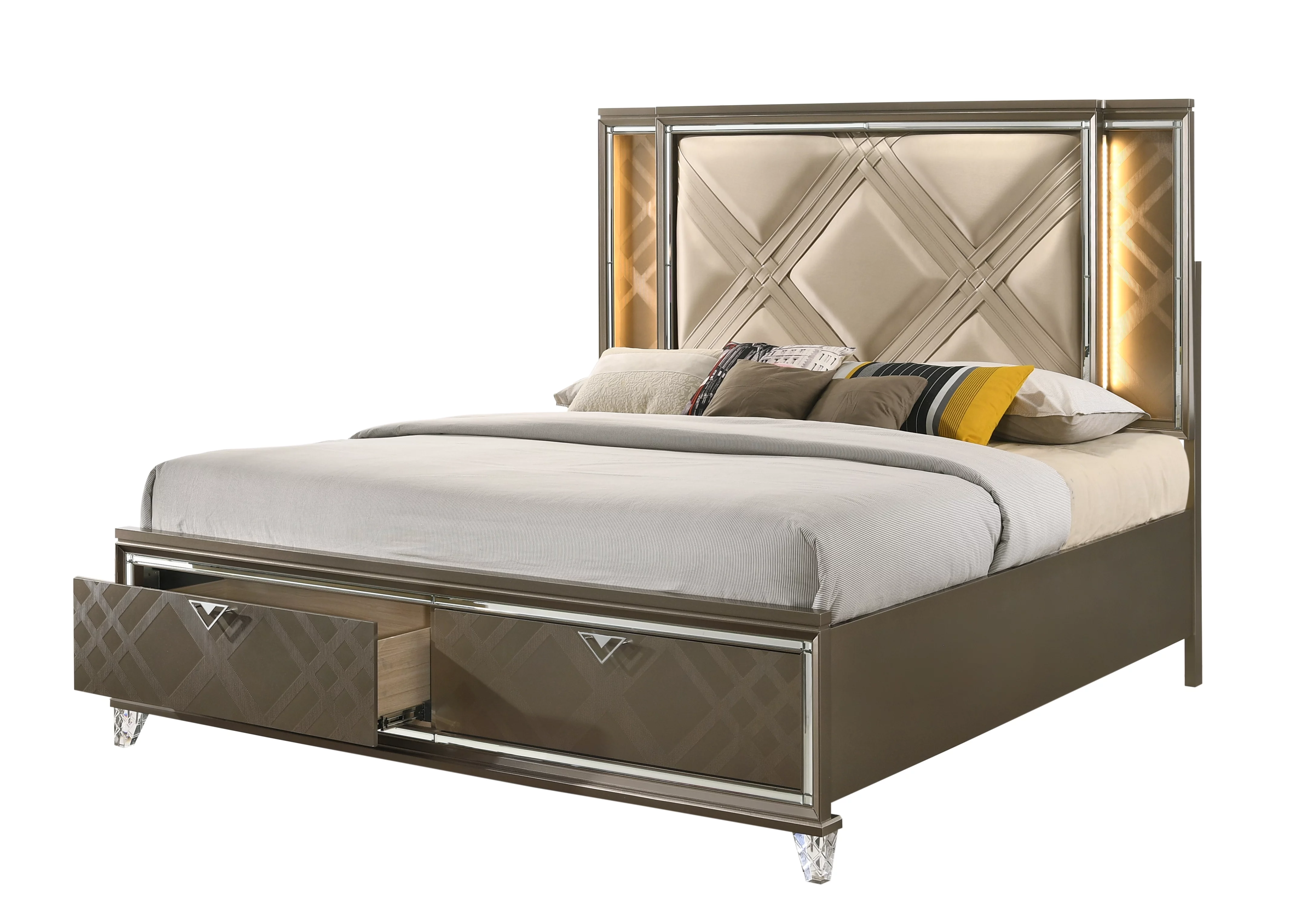 EK BED W/LED & STORAGE | Synthetic leather & Dark Champagne Finish