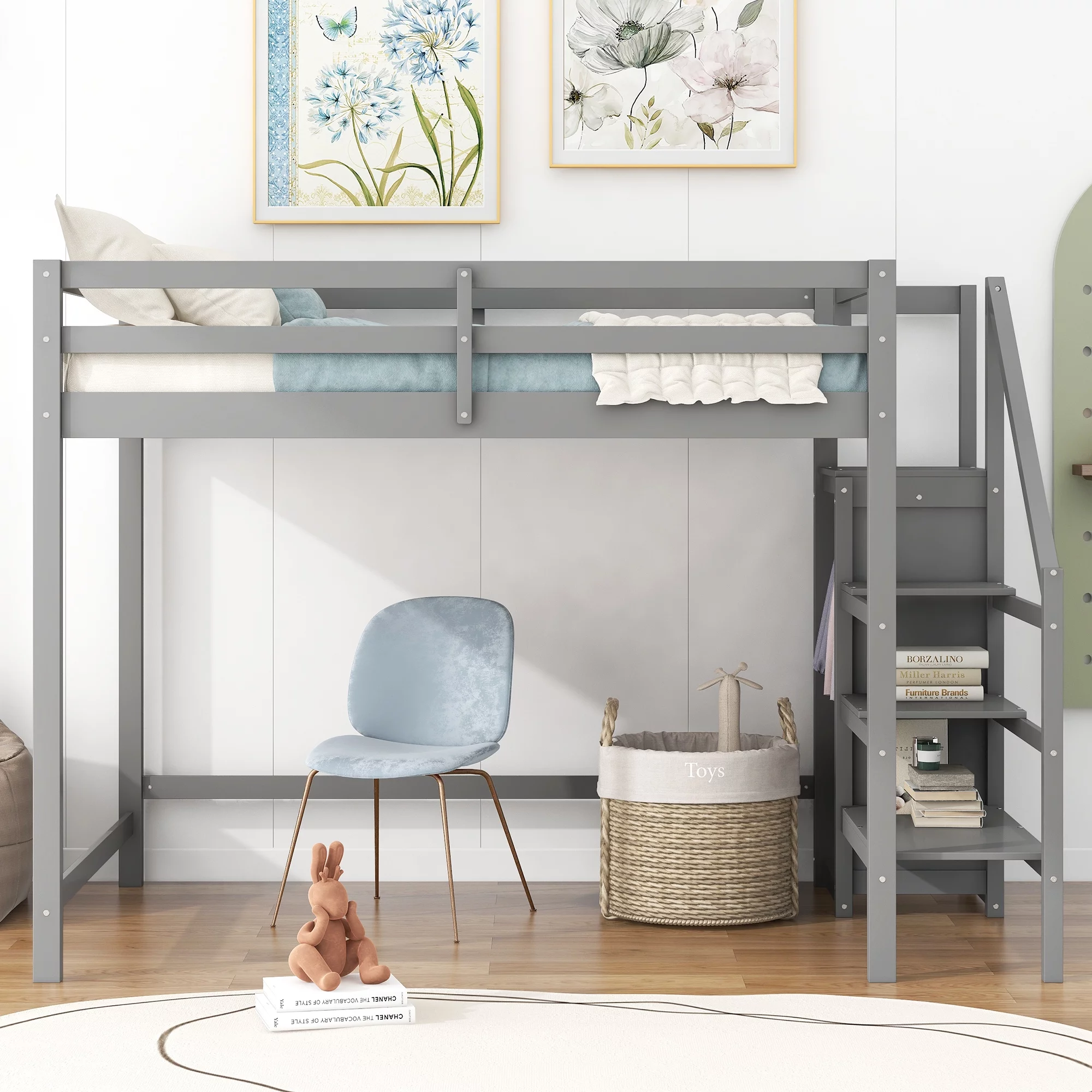 EUROCO Full Size Loft Bed with Storage Wardrobe and Shelf, Gray