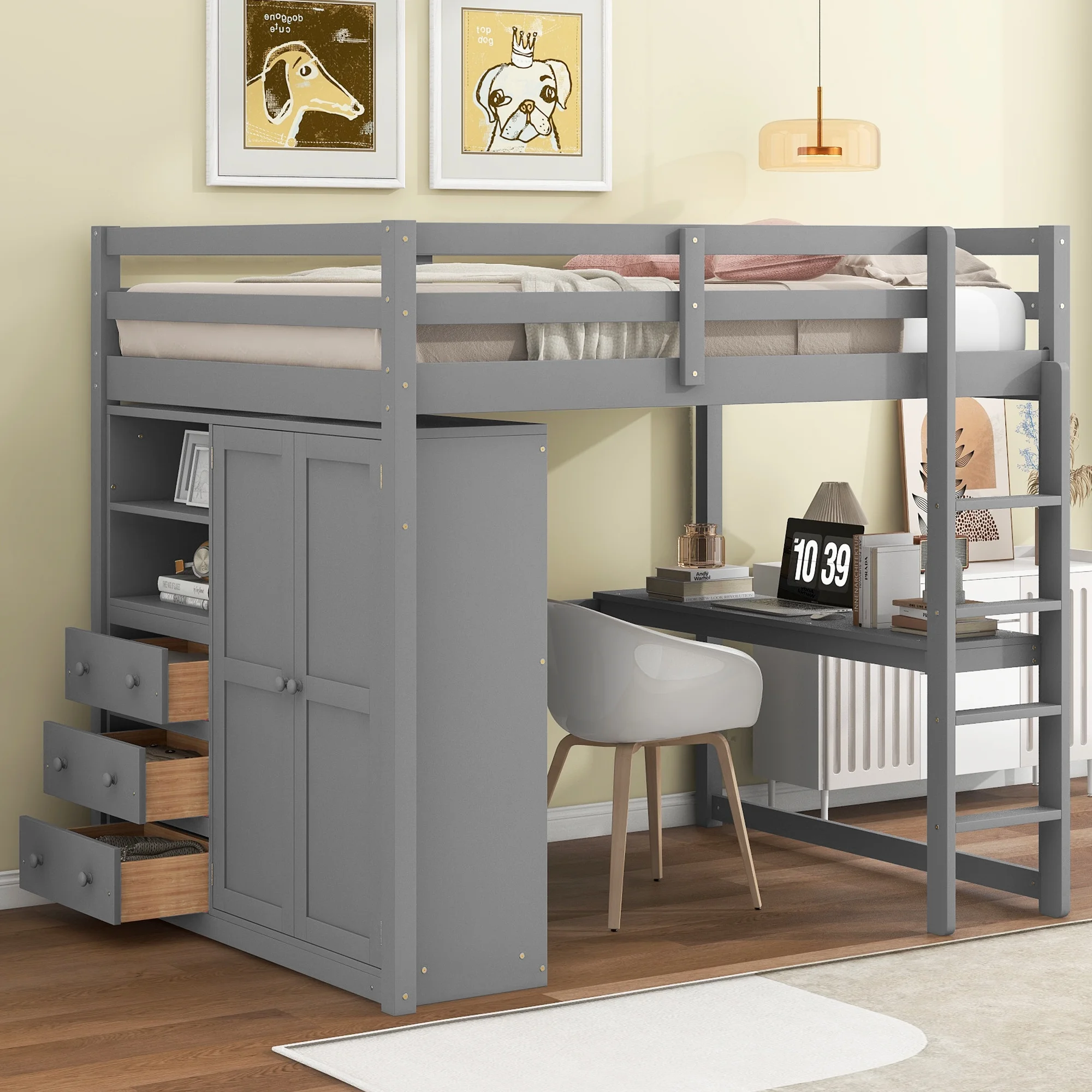 Euroco Full Size Wood Loft Bed with Desks, 3 Drawers, 2-Tier Shelf and a Wardrobe with Clothes Hanger for Living Room, Multifunctional Loft Bed for Sleeping or Studying, Gray