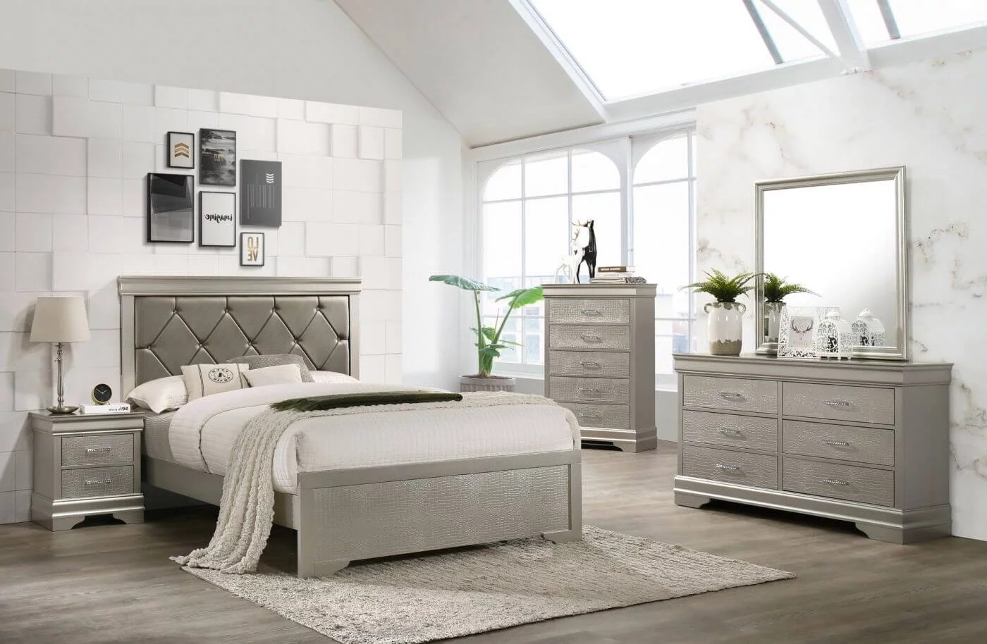 5pc Silver Finish Panel Bedroom Set Upholstered Button Tufted Headboard Queen Bed Dresser Mirror Nightstand
