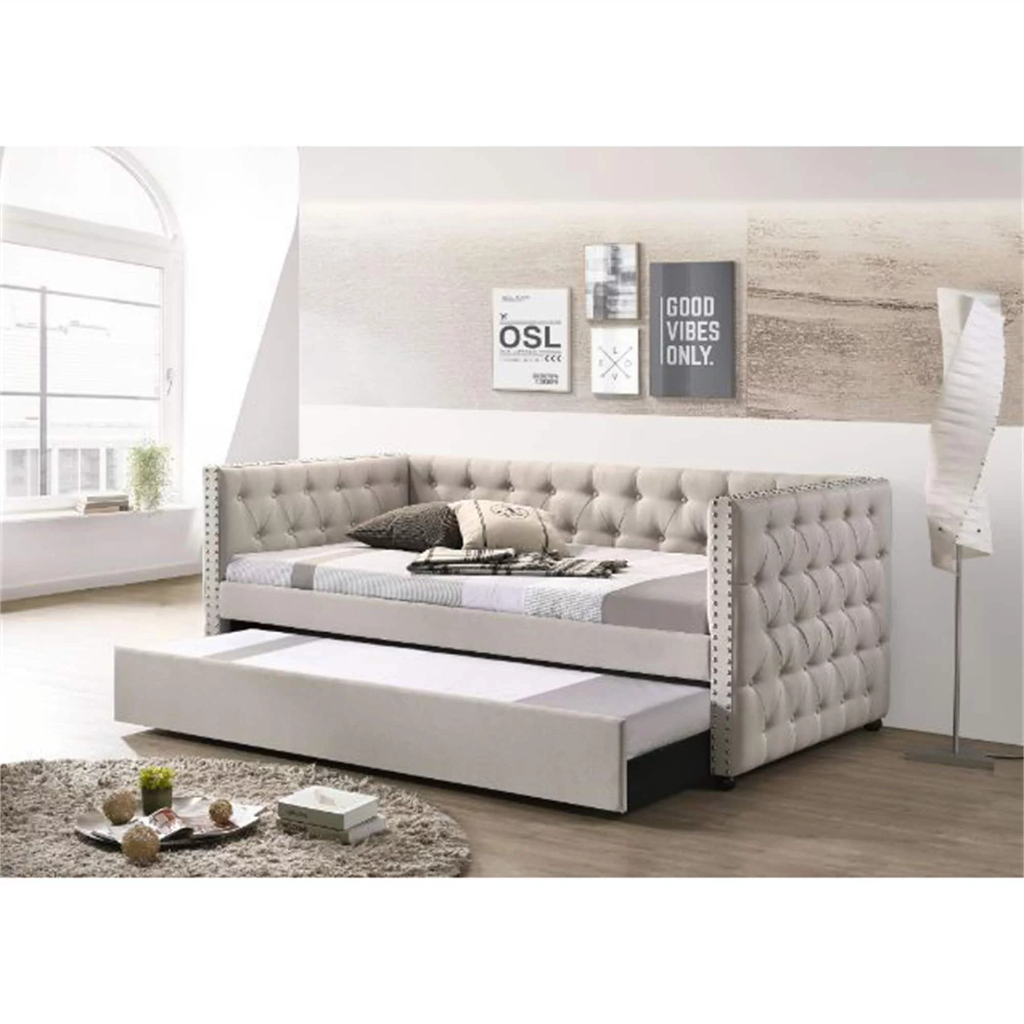 YJTONWIN Full/Twin Daybed & Twin Trundle Solid Wood Structure , No Mattress Grey Full