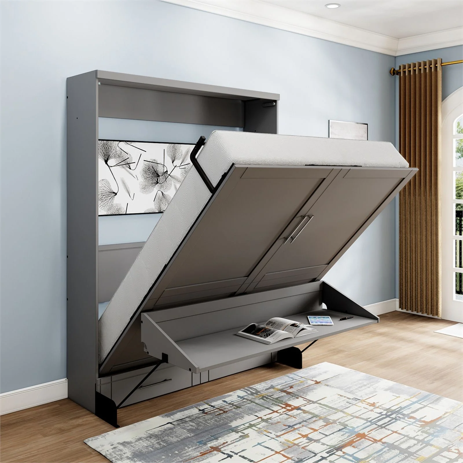 Pemberly Row Queen Contemporary Solid Wood Murphy Deskbed in Gray