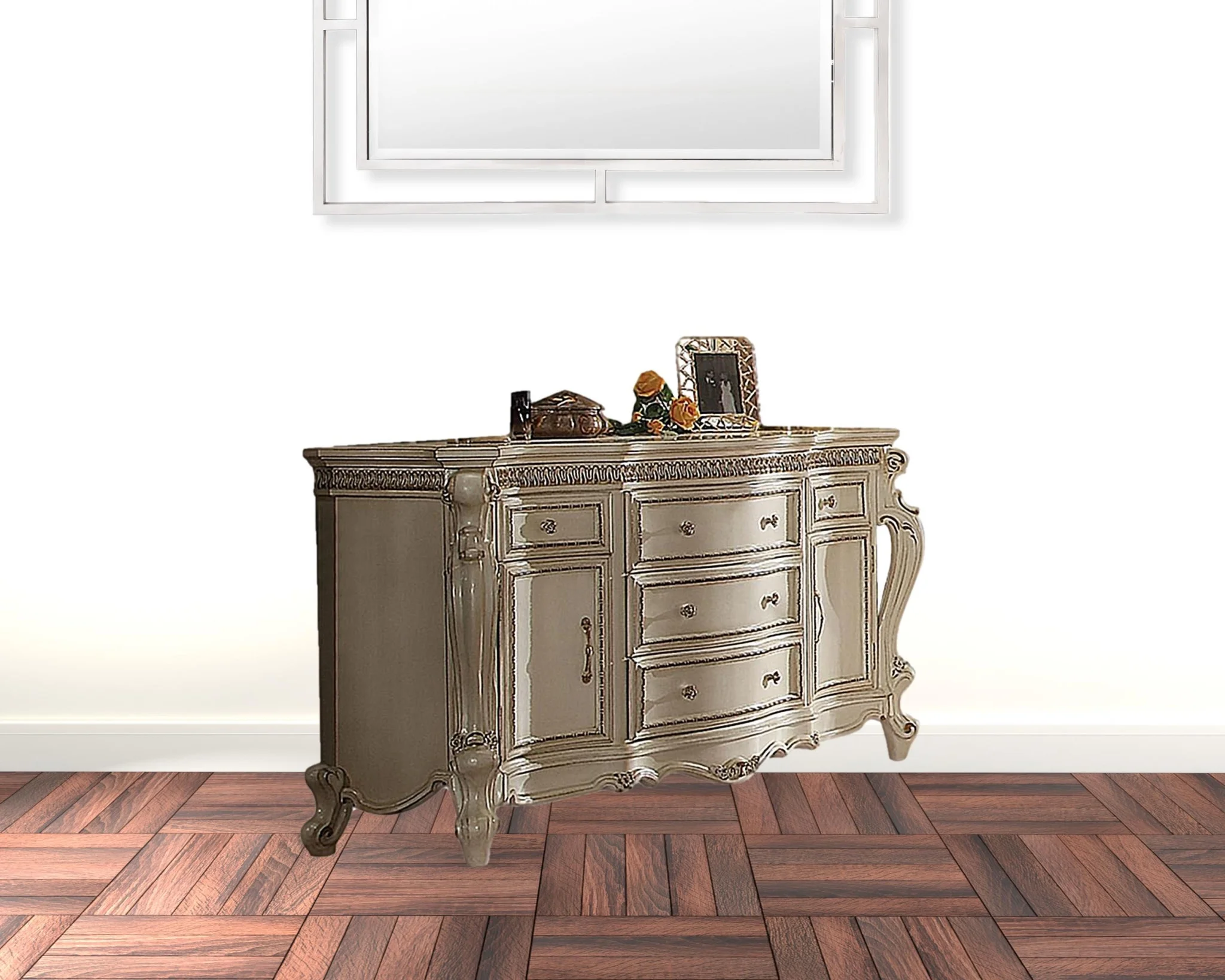 HomeRoots 490477 37 x 68.58 x 22 in. Antique Pearl Manufactured Wood Five Drawers Standard Dresser