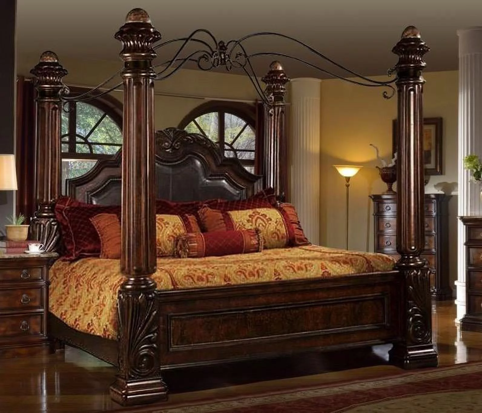Rich Brown Solid Hardwood King Canopy Bedroom Set 4Pc Classic McFerran B6005