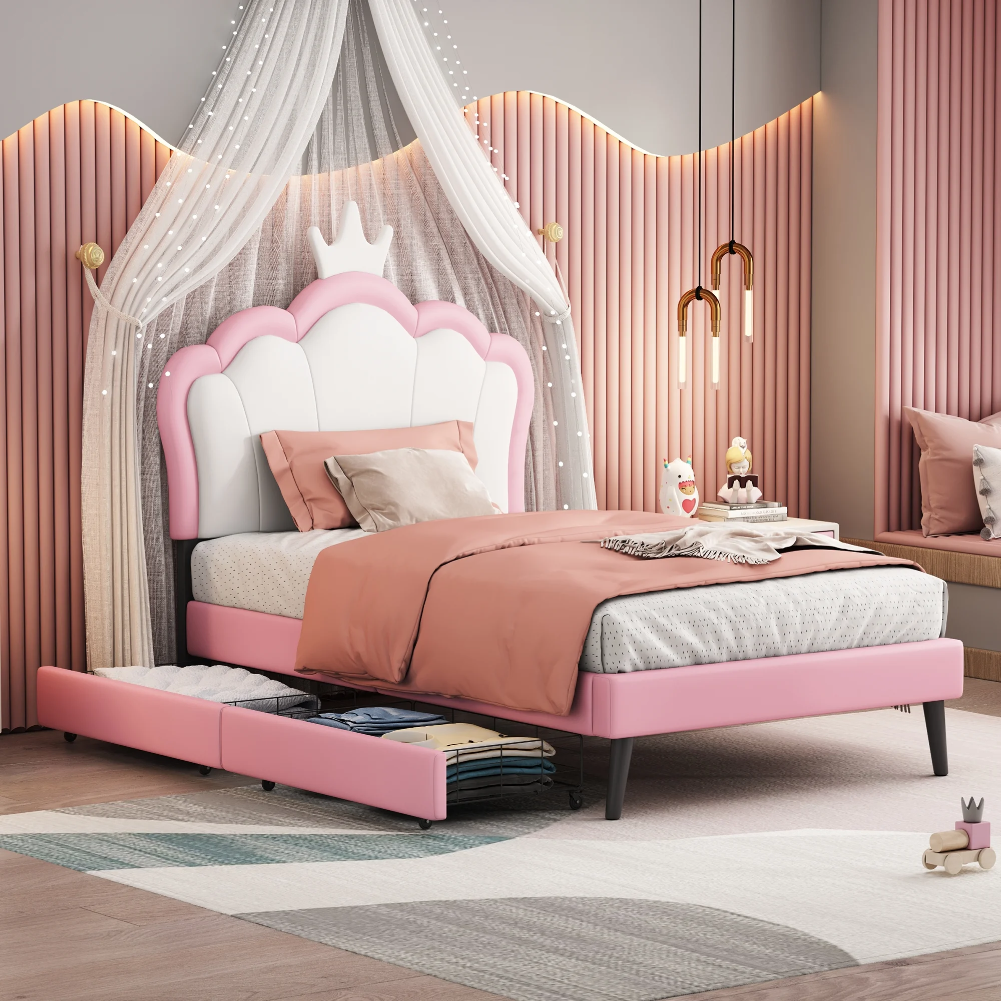 Twin Size Upholstered Princess Bed With Crown Headboard and 2 Drawers,Twin Size Platform Bed with Headboard and Footboard,White+Pink
