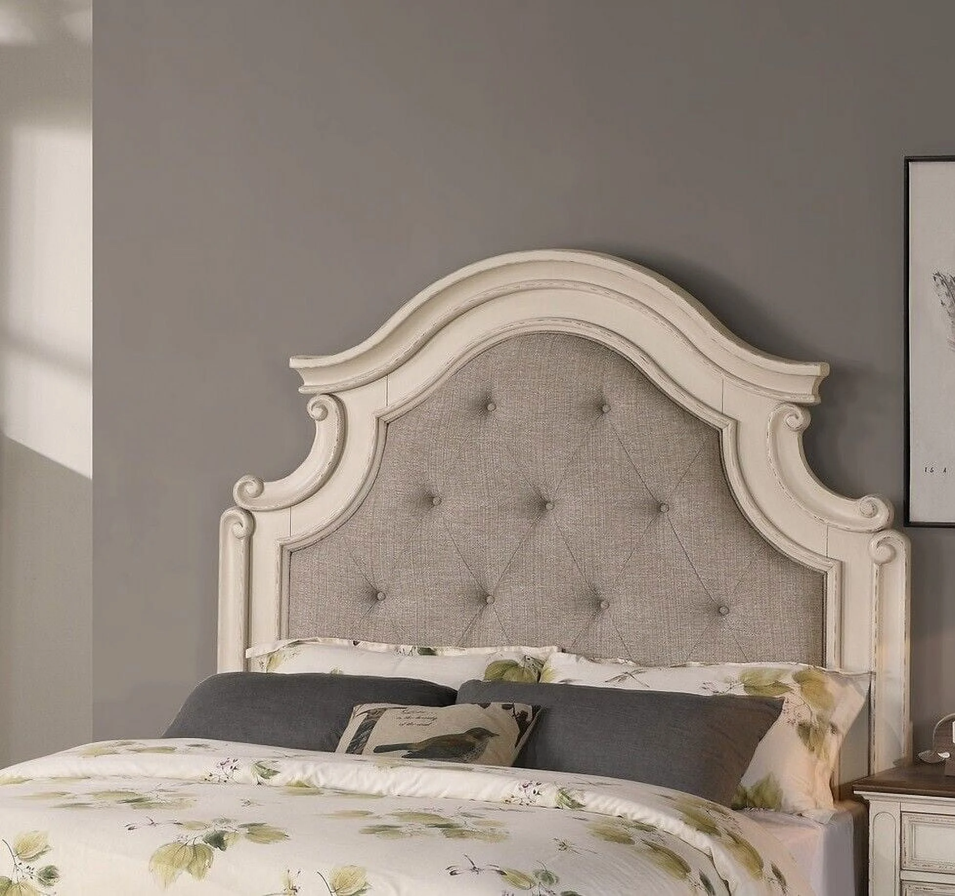 Queen Size Bed Traditional Look 1pc Bedframe Tufted Headboard Unique Design FB Creamy Finish Bedroom Wooden