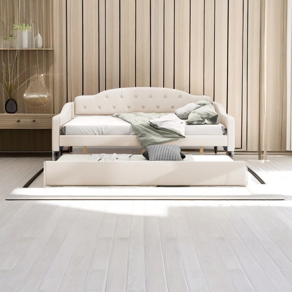 Daybed with Twin Size Trundle, Modern Linen Upholstered Full Size Day Bed Button-Tufted Sofa Day Bed Frame for Bedroom Living Room Guest RoomNo Box Spring Needed