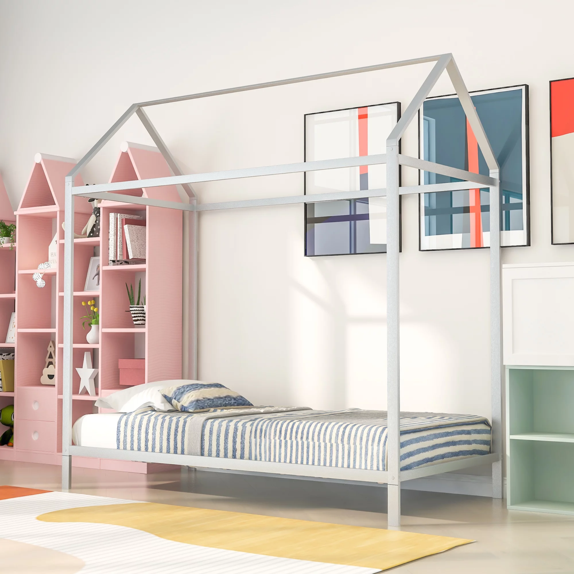 KAMIDA House Platform Bed Frame, Twin Size Metal House Bed for Kids, Floor Bed Metal Bed Frame with House Roof Frame for Kid's Bedroom, Silver