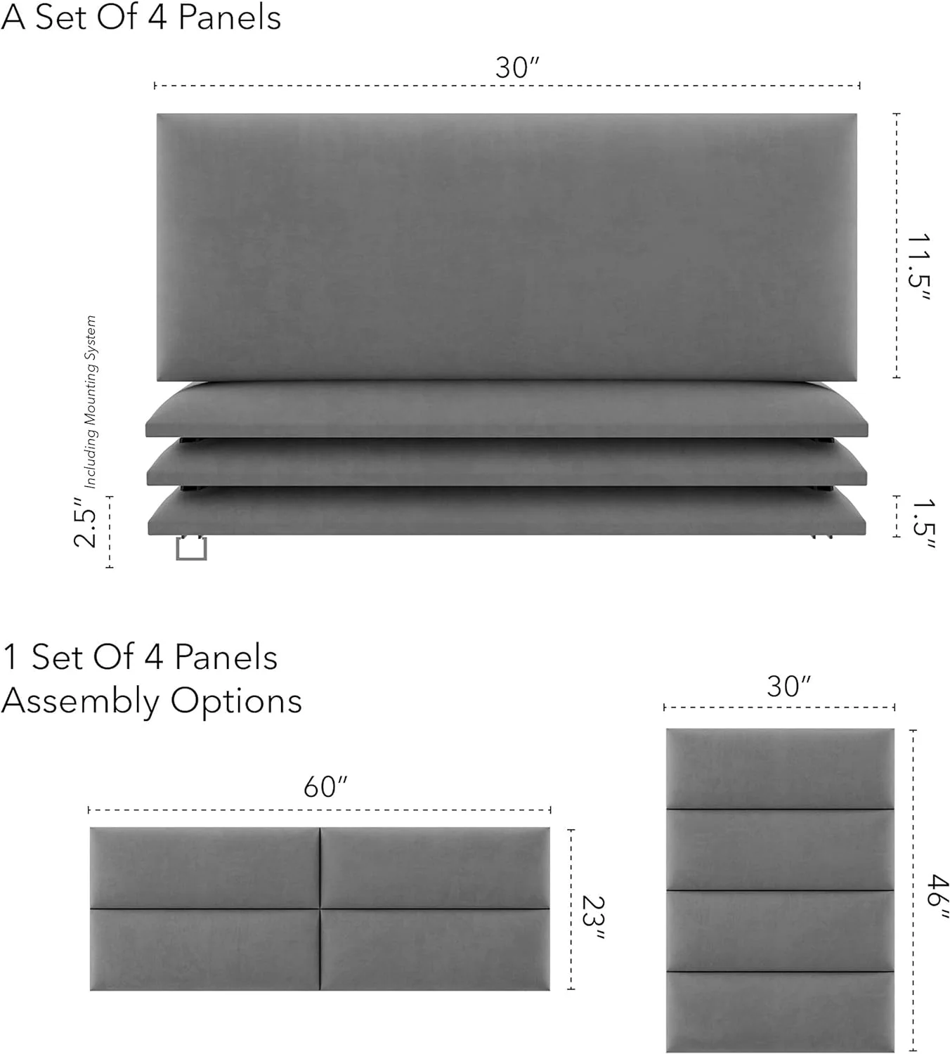 Upholstered Headboards - Accent Wall Panels - Micro Suede Grey - Queen/Full - Set Of 4 Panels (Each Individual Panel 30