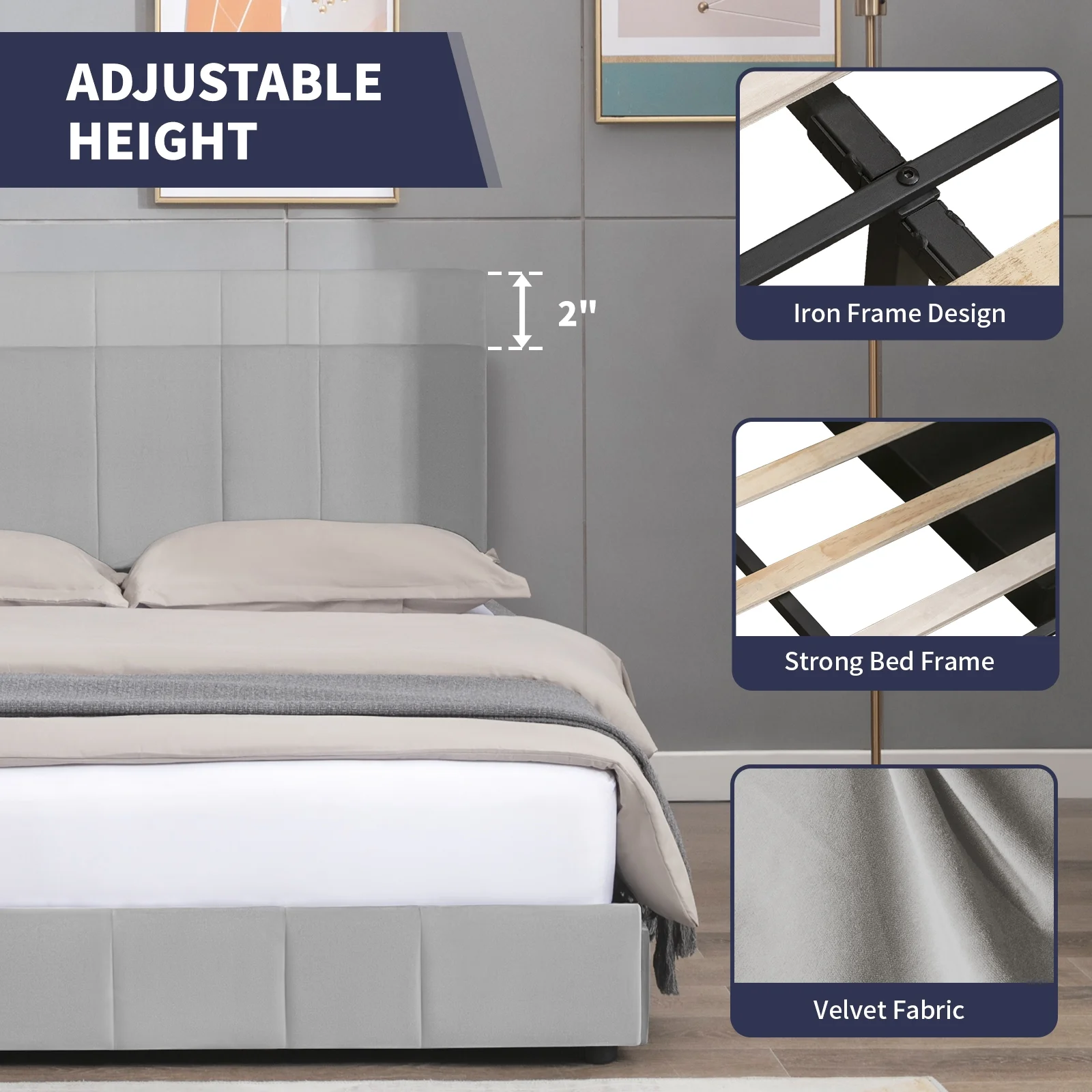 ijuicy California King Platform Bed Frame with 4 Storage Drawers, Upholstered Modern Velvet Bed Frame with Adjustable Headboard (Light Grey)