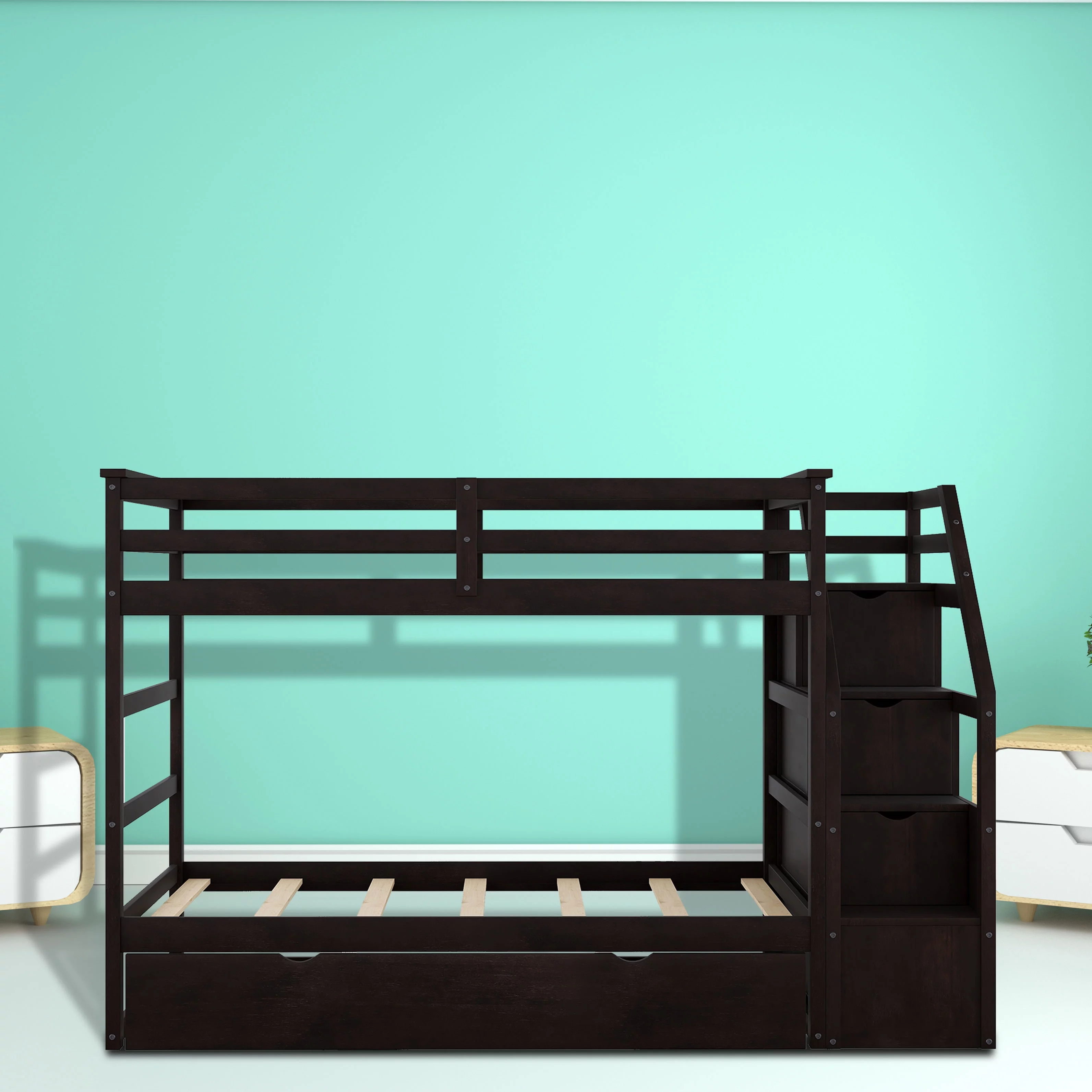 Twin-Over-Twin Bunk Bed with Twin Size Trundle and 3 Storage Stairs,Espresso