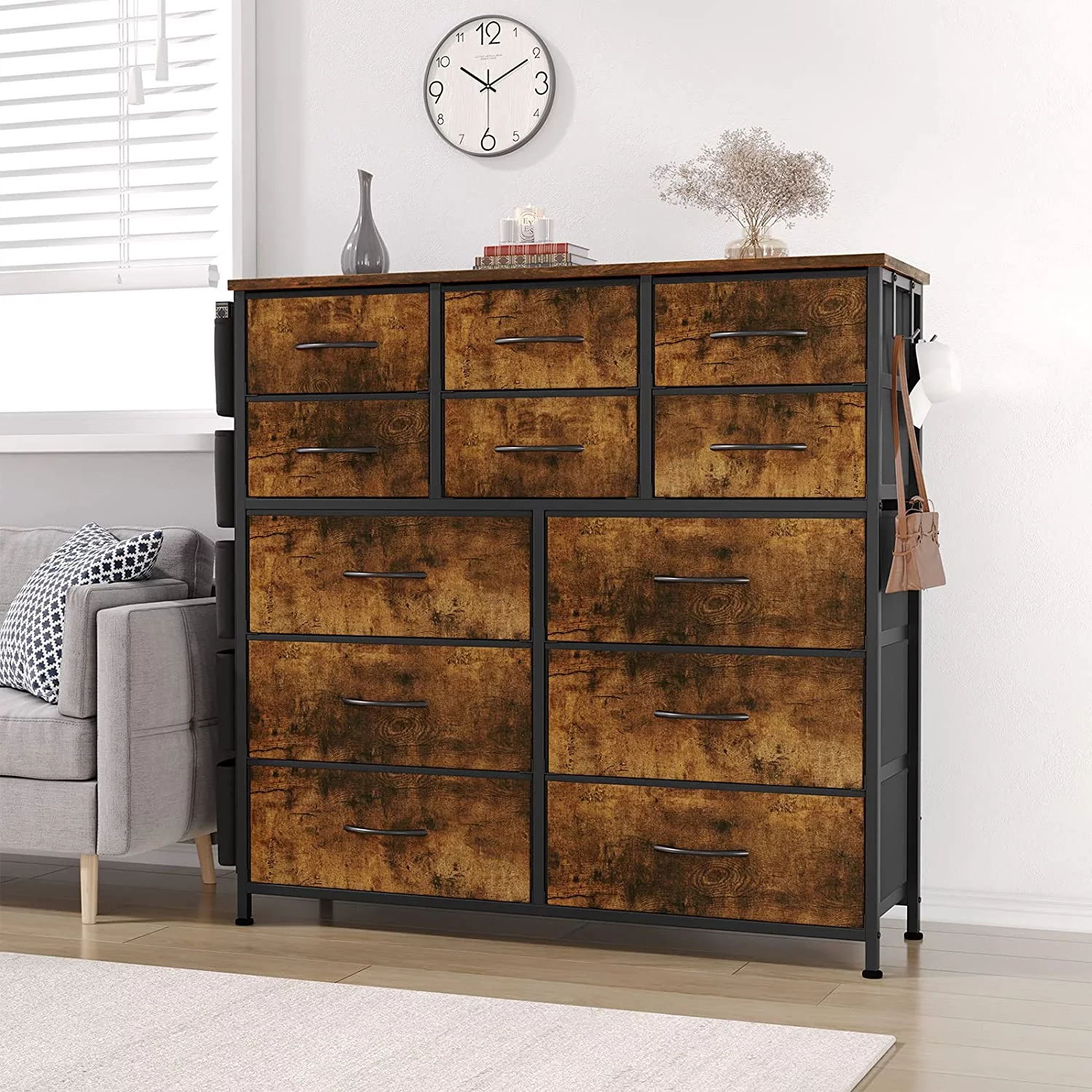 12 Dresser for Bedroom, Chest of Drawers for Bedroom with Side Pockets and Hooks, Fabric Storage Dresser, Sturdy Steel Frame, Wood Top, Easy Pull Handle (Rustic Brown)