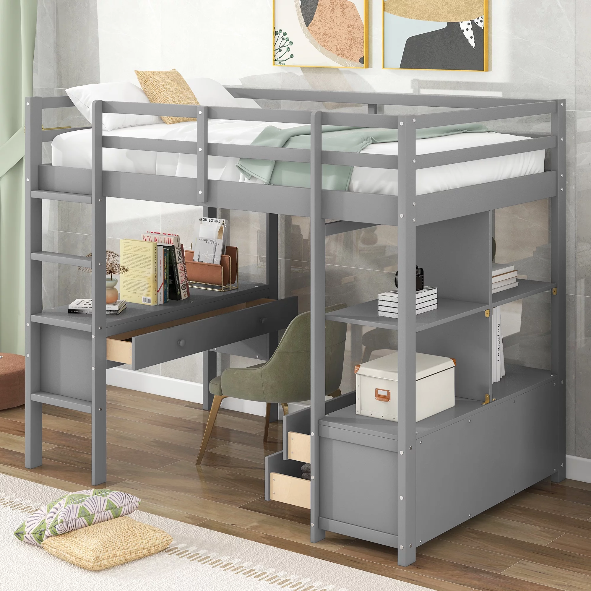 Euroco Twin Size Wood Loft Bed with Desk, Drawers and Shelf for Kids Room, Gray