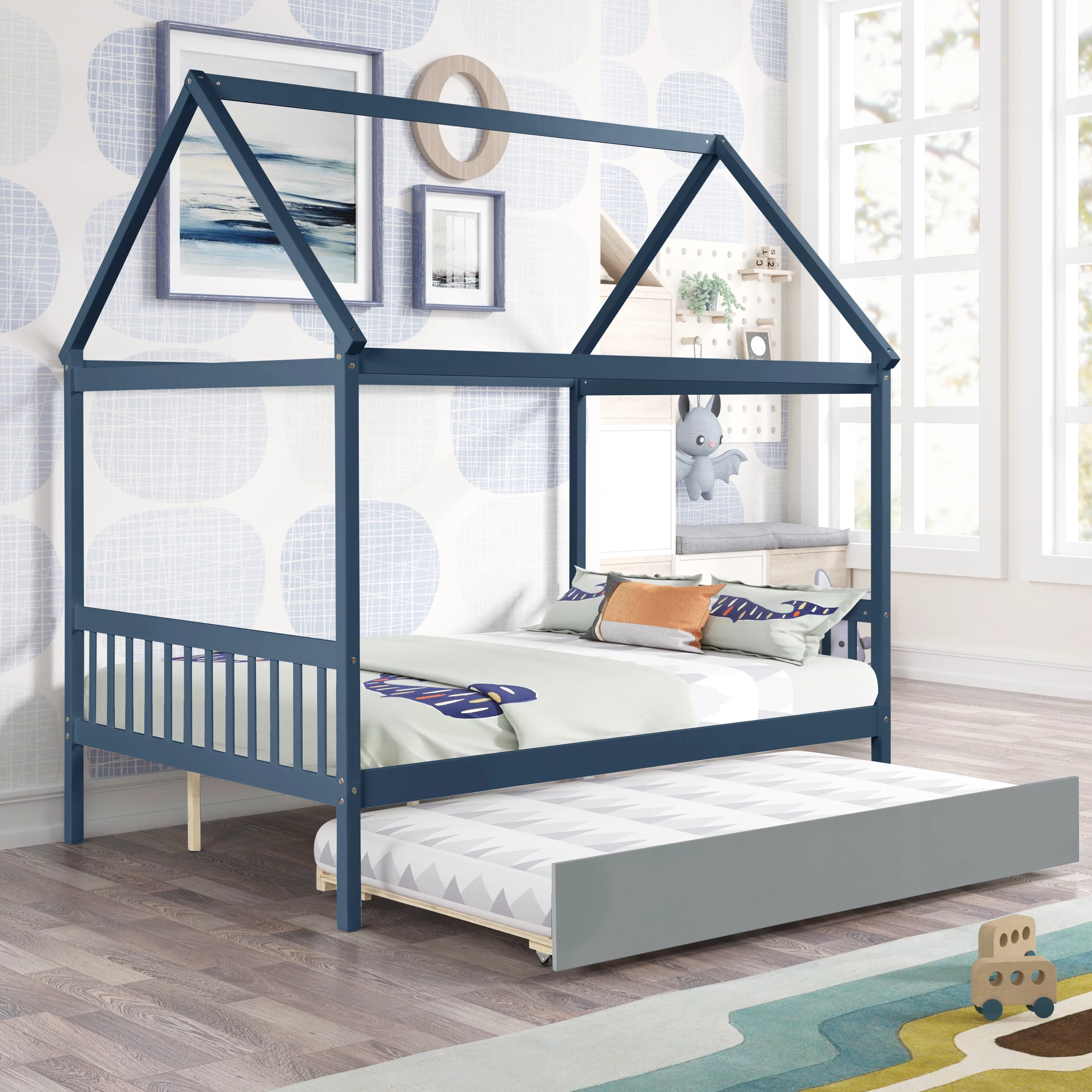 ikayaa NAVY BLUE HOUSE FULL BED WITH GRAY TRUNDLE(blue)