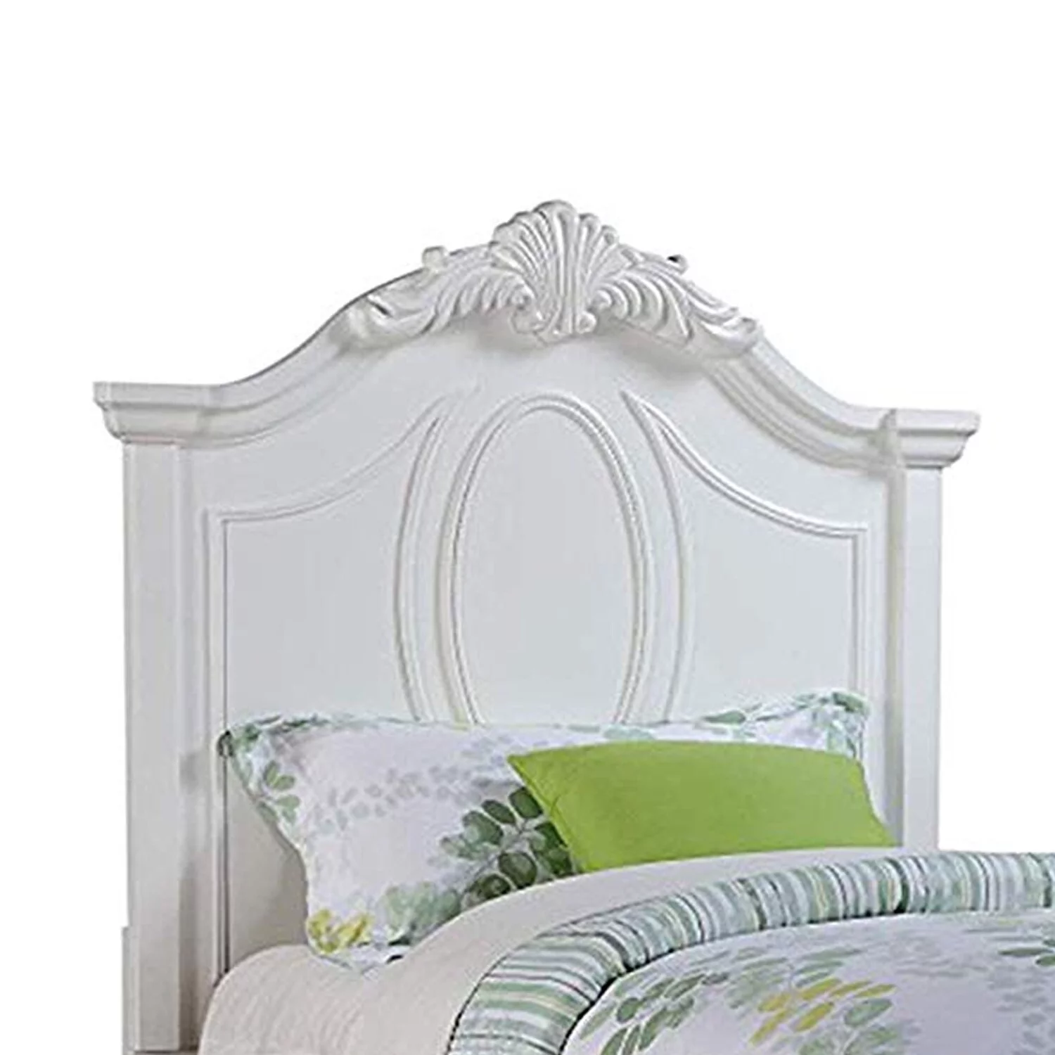 Benjara Traditional Style Wooden Full Size Bed with Crown Carved Headboard, White