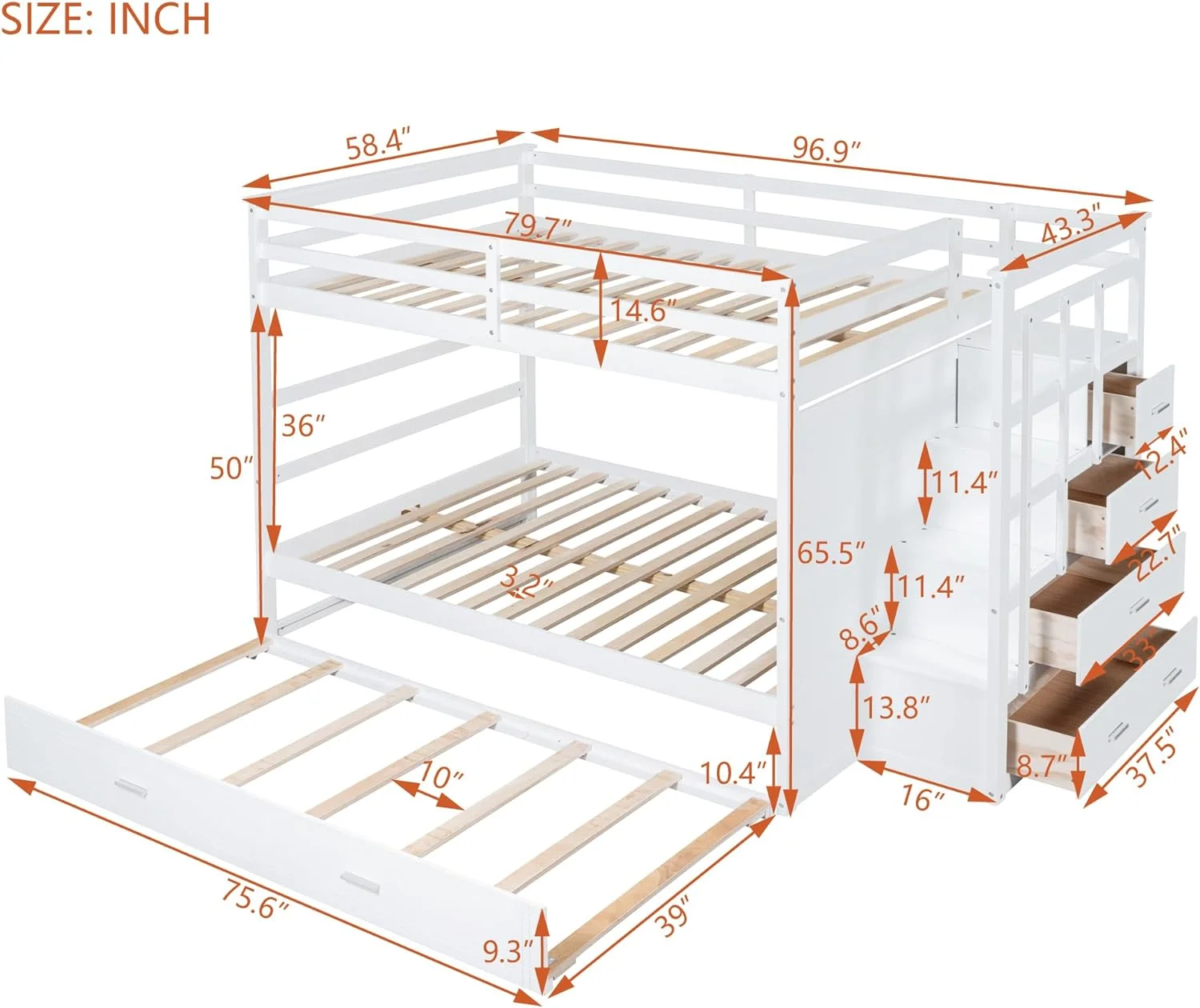 Full Over Full Bunk Bed With Size Trundle And Stairs, Kids Bunk Beds With Storage Drawers, Wood Full Bunk Beds With Trundle And Guardrail For Kids Teens Adults, White