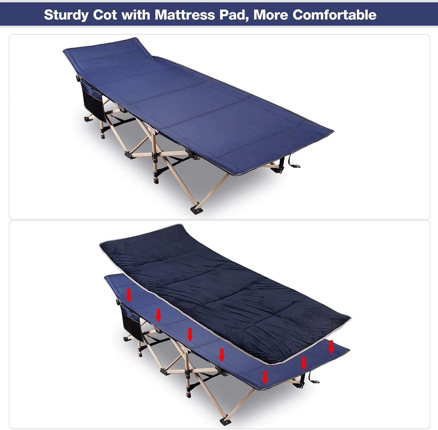 REDCAMP Folding Camping Cot with Mattress Pad for Adults, Heavy Duty Sleeping Cot Bed with Carry Bag for Outdoor Home Office, Blue Set(Cot+Pad)