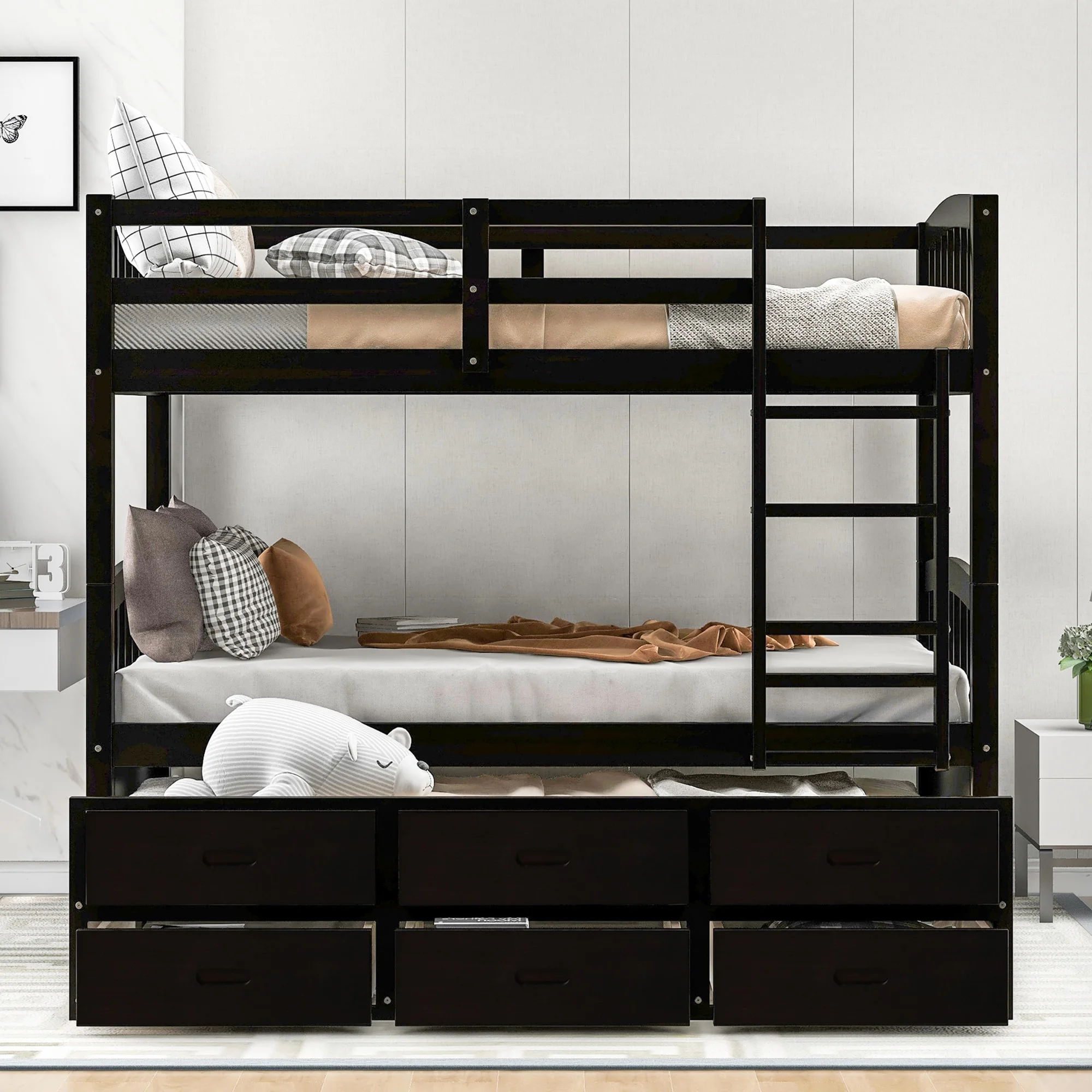 Espresso Unique Sturdy Four-Step Ladder And Full Length Guardrails Twin over Twin Solid Wood Bunk Bed with Trundle and Drawers