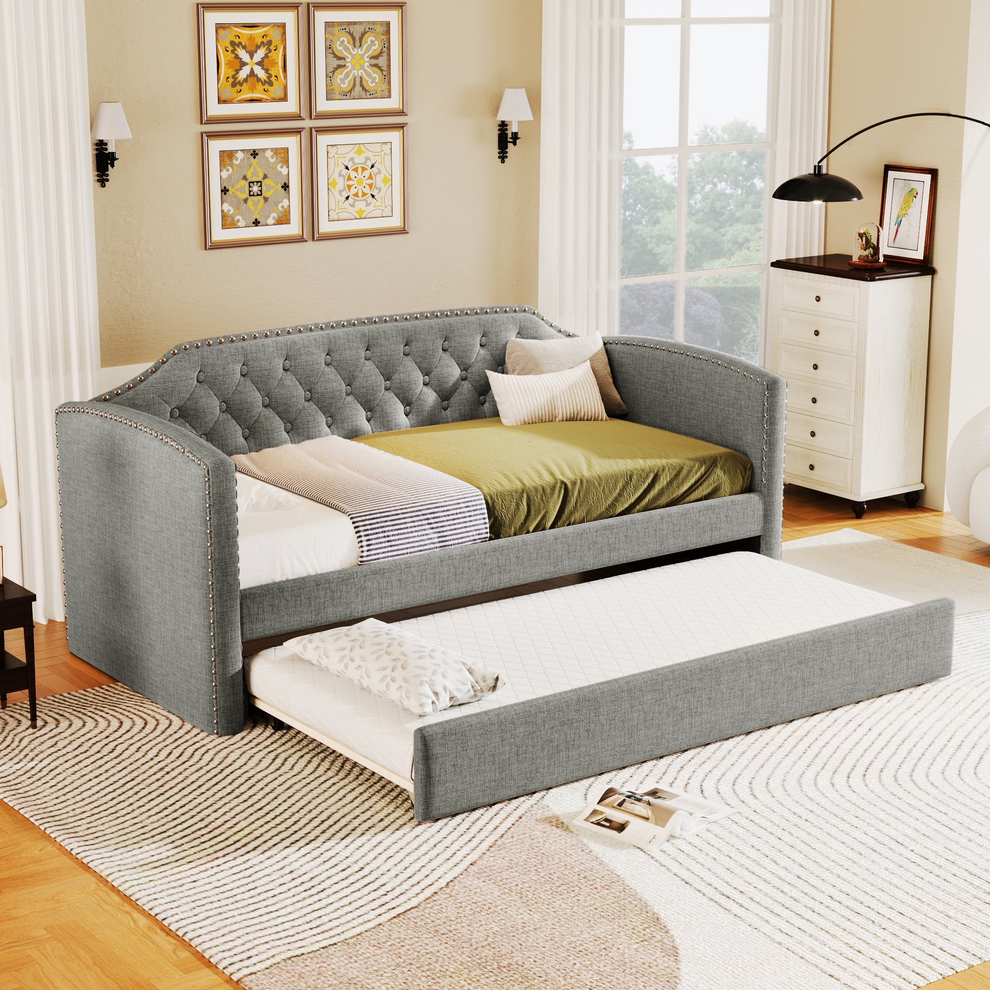 Gray Twin-Size Upholstered Daybed with Trundle - Perfect for Guest, Small Bedroom, or Study Room