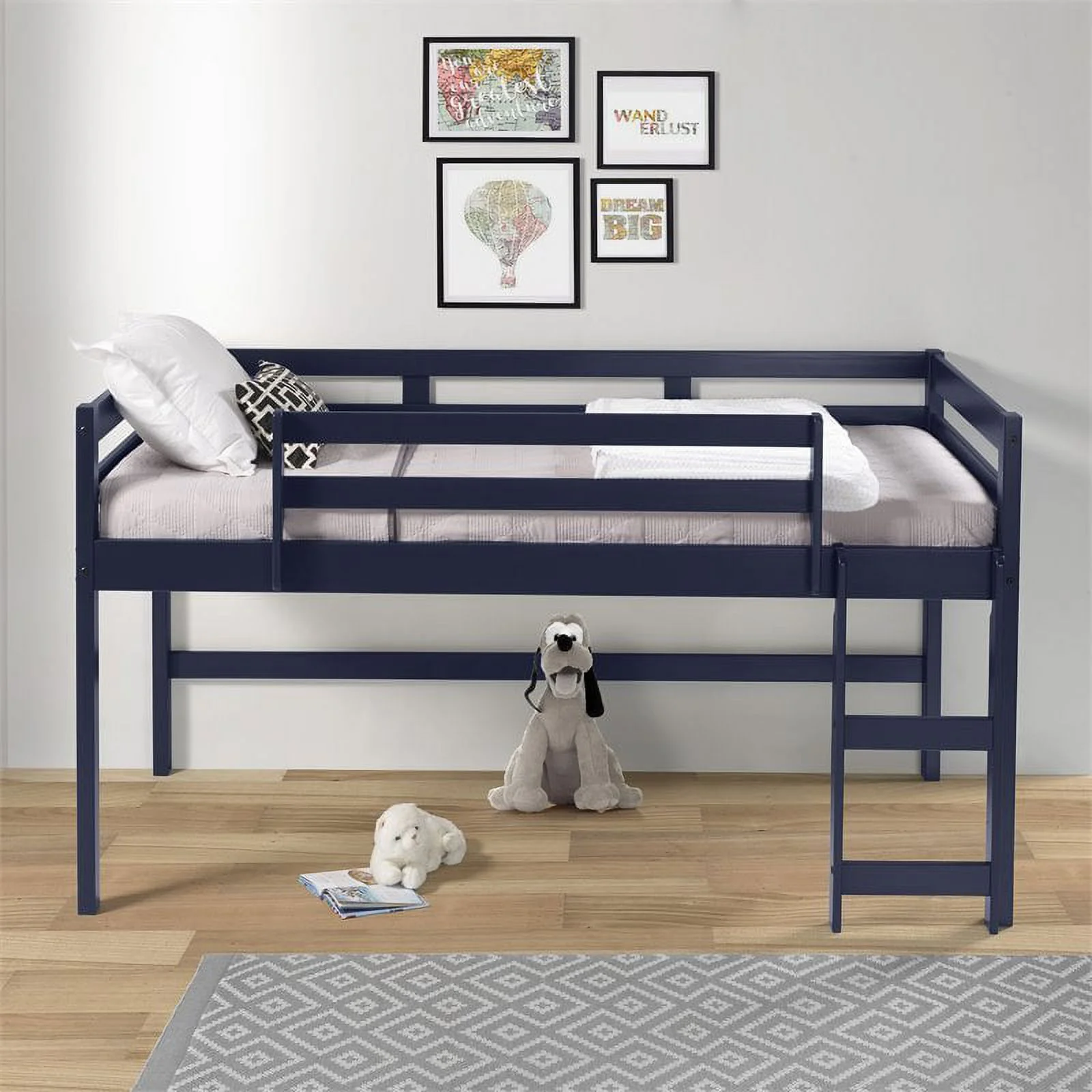 Pemberly Row Twin Wooden Loft Bed with Guard Rail and Ladder in Navy Blue