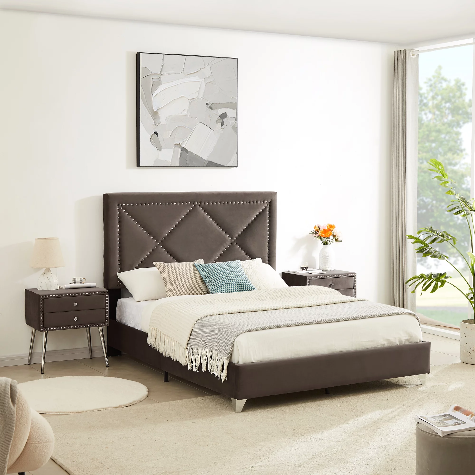 B109 Queen bed with two nightstands,Beautiful brass studs adorn the headboard, strong wooden slats + metal legs with Electroplate