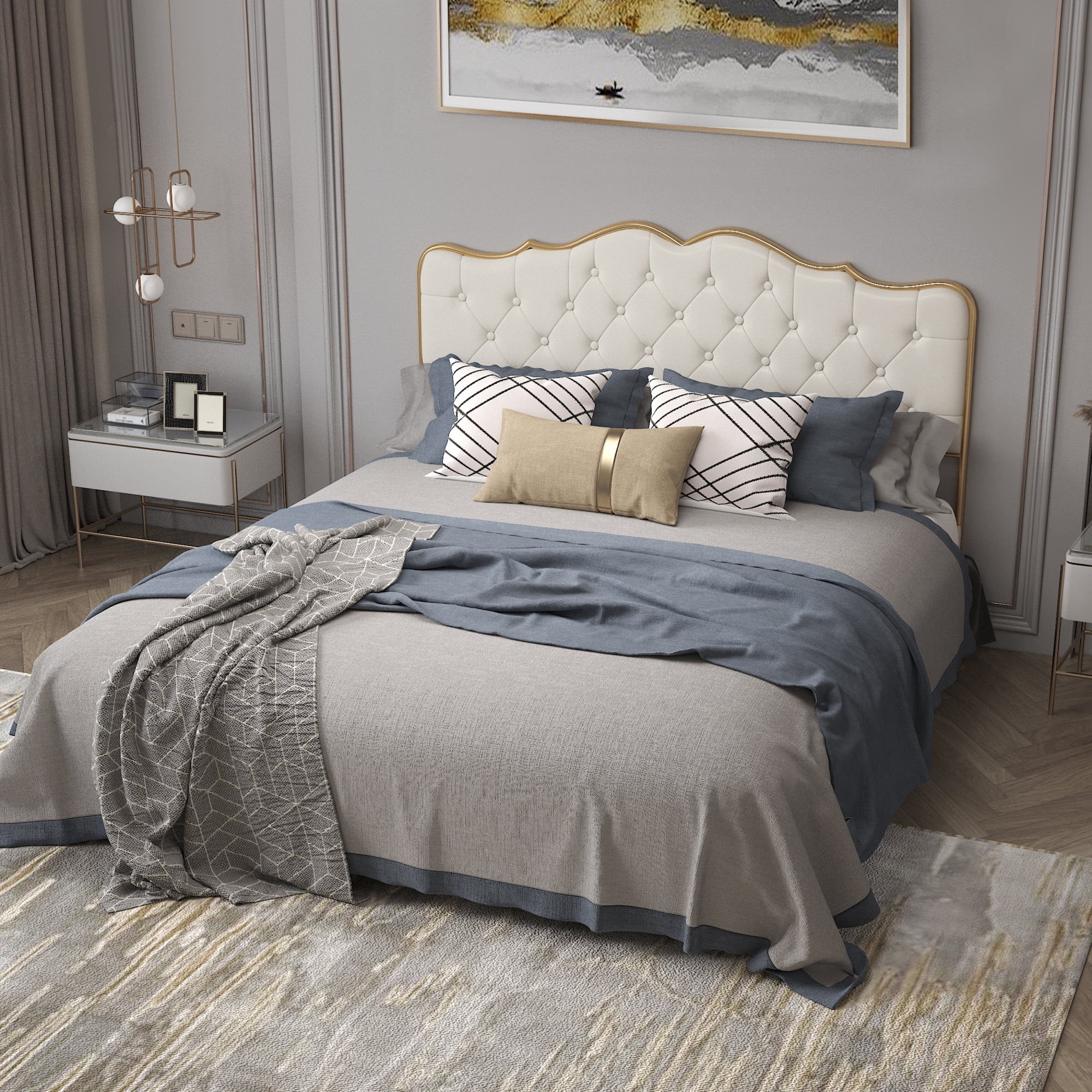 Buckle-Shaped Backrest Full-Size Storage Bed with Metal Frame, Solid Wood Ribs, Sponge Soft Bag, 4 Storage Drawers in Light Camel