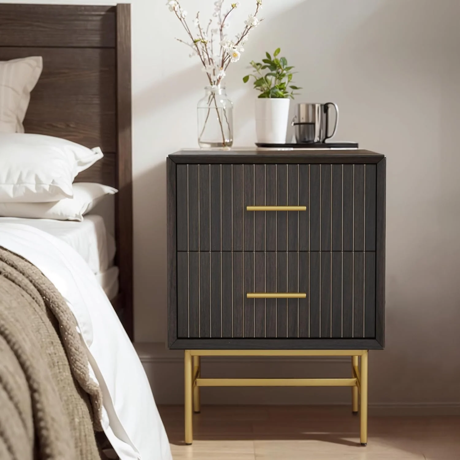 CozyHom Farmhouse Nightstand with Drawers, 2-Tier Side Table, Wood End Table with Adjustable Feet and Stable Metal Leg, Modern Night Stand Cabinet, Brown