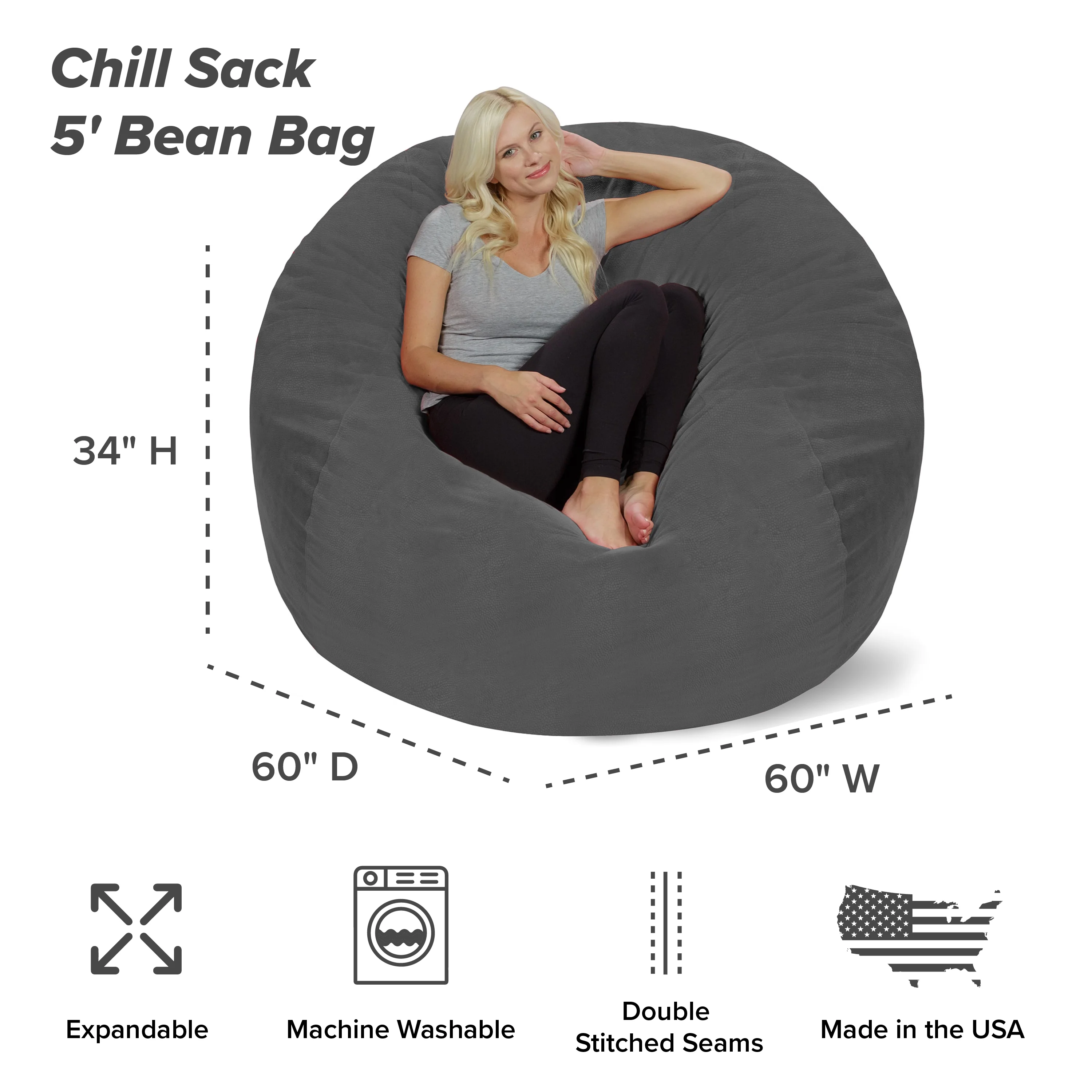 Chill Sack Bean Bag Chair Lounger, Microsuede Cover, Kids, Adults, 5 ft, Charcoal