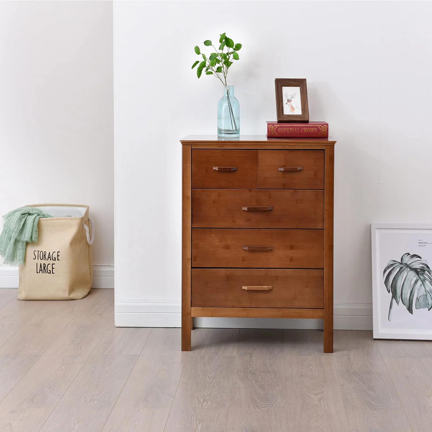 Maydear Tall Dresser for Bedroom with 4 Drawers, Modern Chest of Drawers Bamboo Storage Organizer Dresser, Ideal for Bedroom, Living Room, Entryway, Hallway