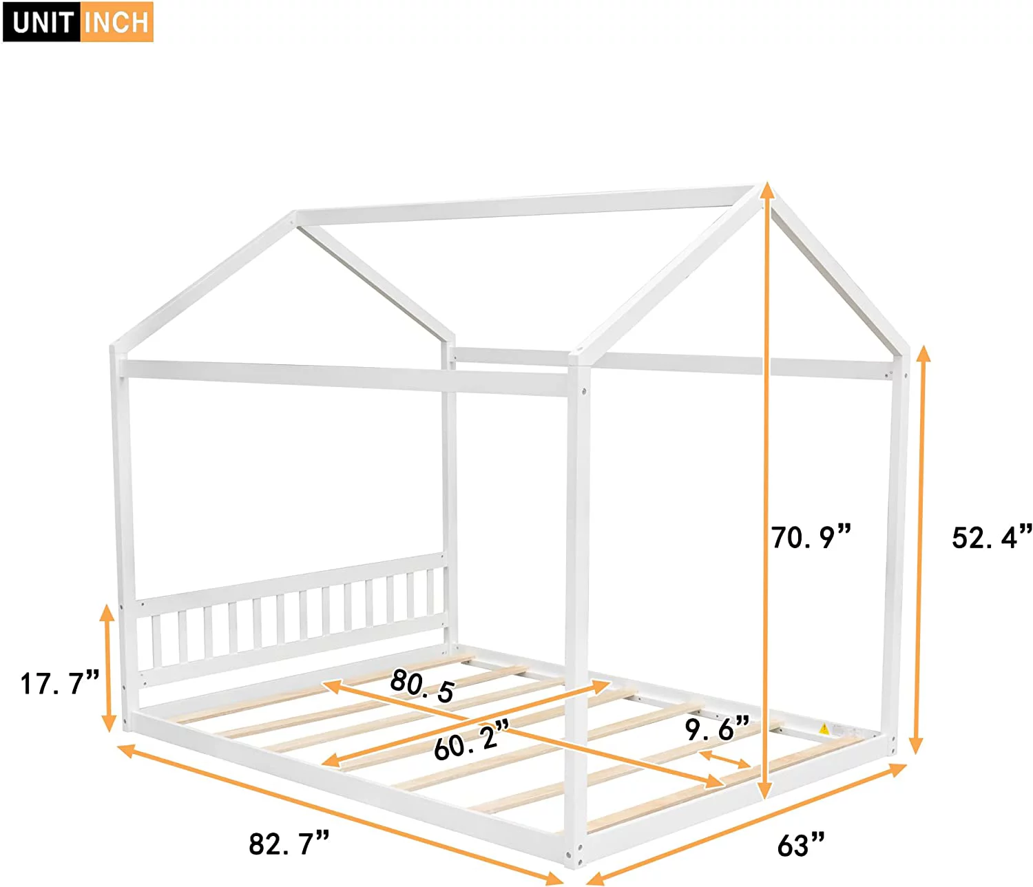 Queen Size House Bed For Kids, Wood Bed Frame Wih Headboard, Roof And Suppor Slas, Queen Monessori Floor Bed For oddler,Kids,Boys Girls, No Box Spring Needed(Whie)