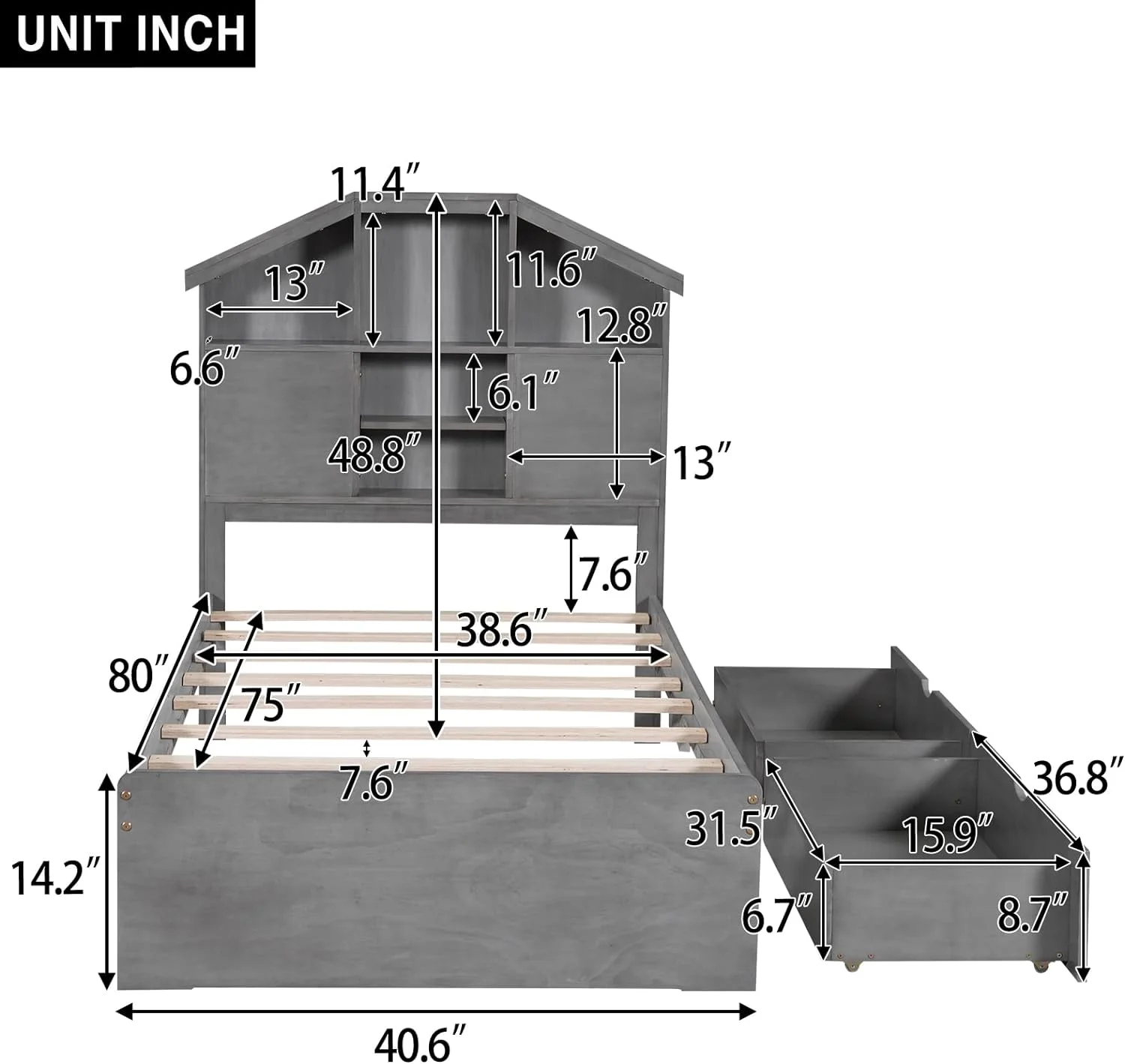 Twin Size Platform Bed with House-Shaped Storage Headboard and 2 Drawers, Solid Wood Bed Frame with Storage, House Shaped Storage Bed for Bedroom