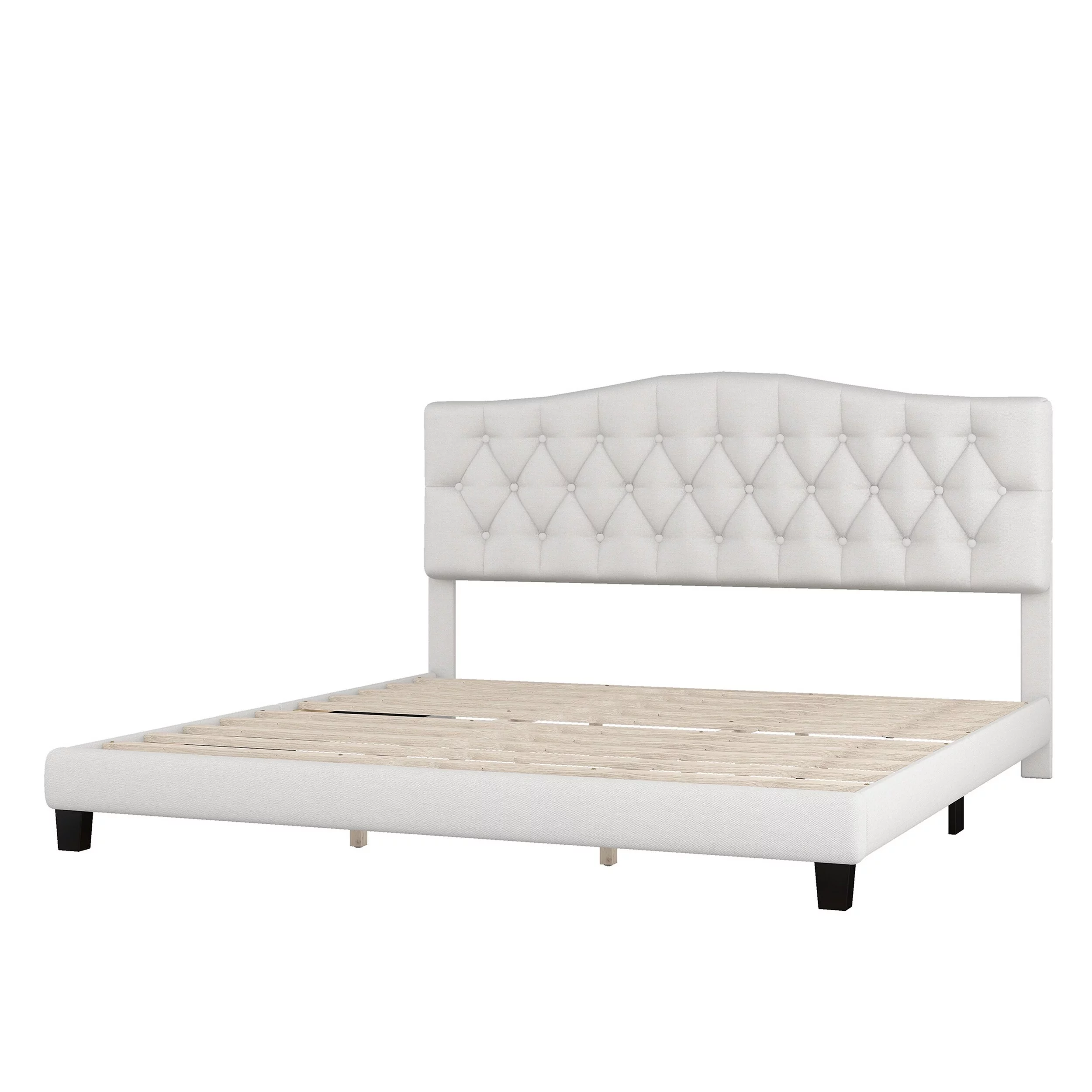 Cody King Size Platform Bed with Diamond Button Tufted Headboard, Beige