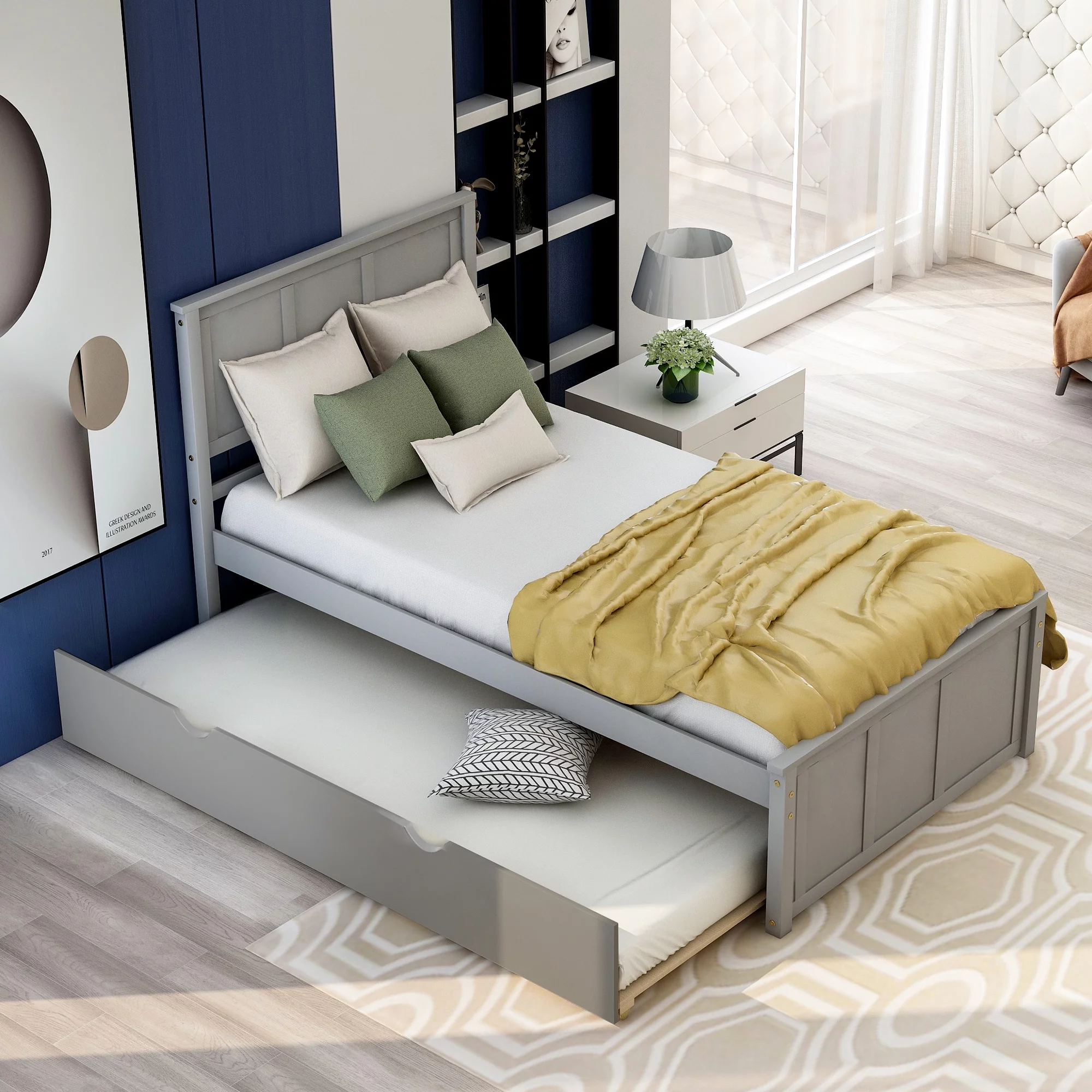 Livspace Platform Bed with Twin Size Trundle, Twin Size Frame, Gray