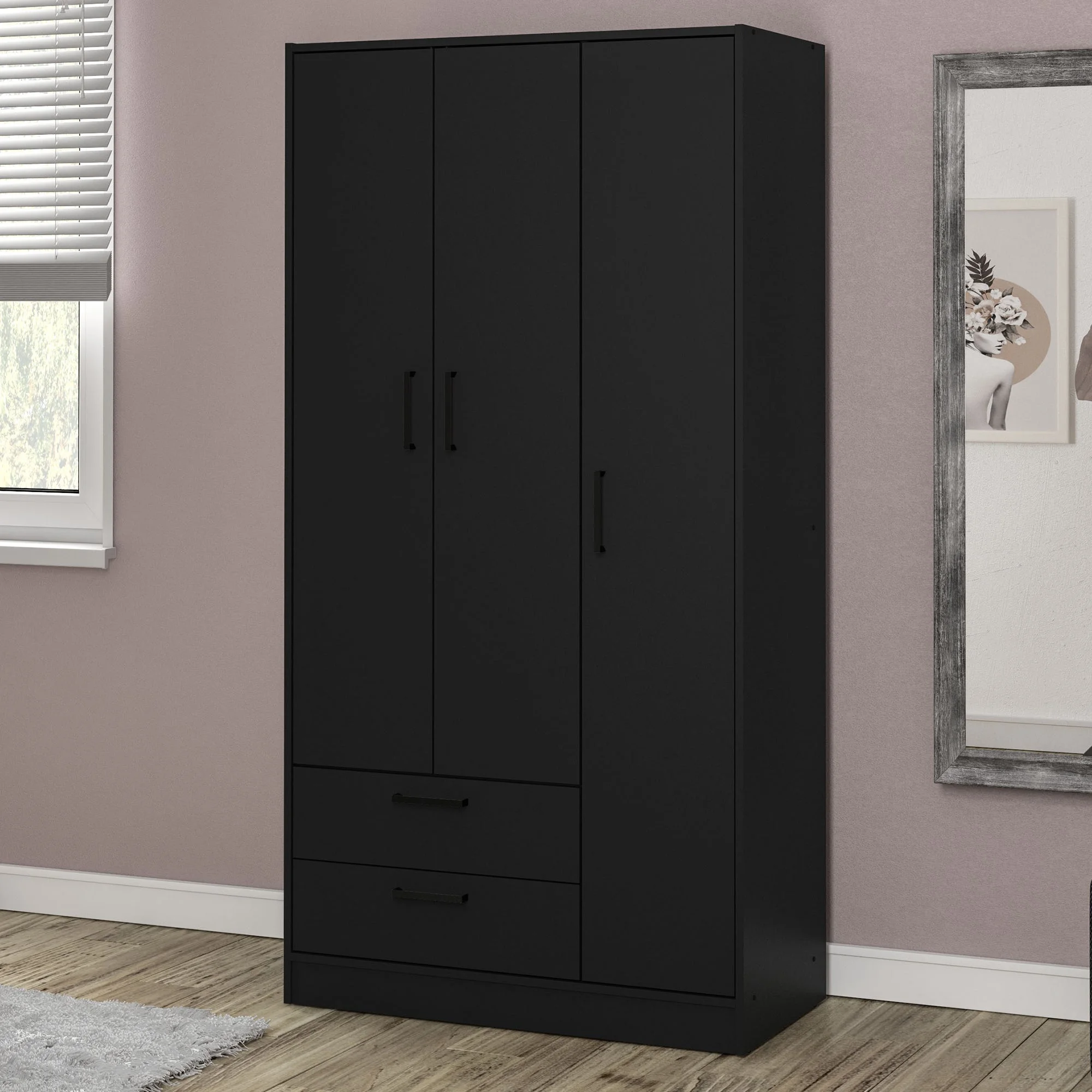 Boahaus Koblenz Modern Bedroom Armoire, 3 Opening Doors, Black, Manufactured Wood