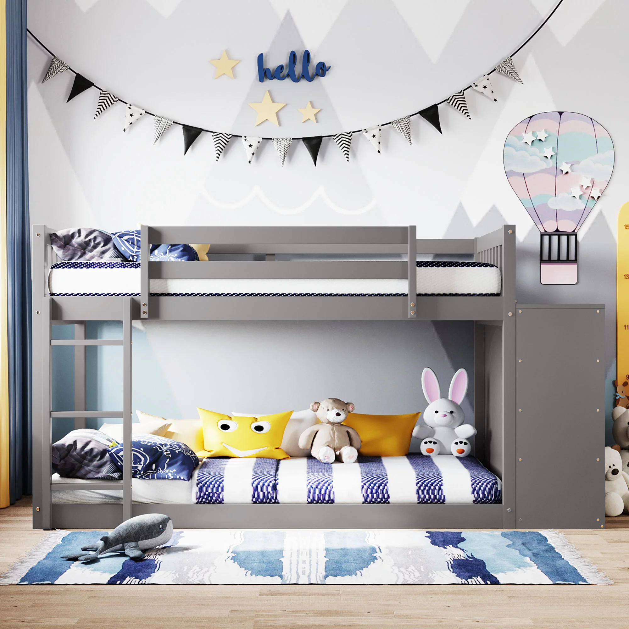 Bellemave Twin Over Twin Bunk Bed with Storage, Wood Low Bunk Bed with 4 Drawers and 3 Shelves, Twin Floor Bunk Bed Frame for Kids Teens Girls & Boys - Gray