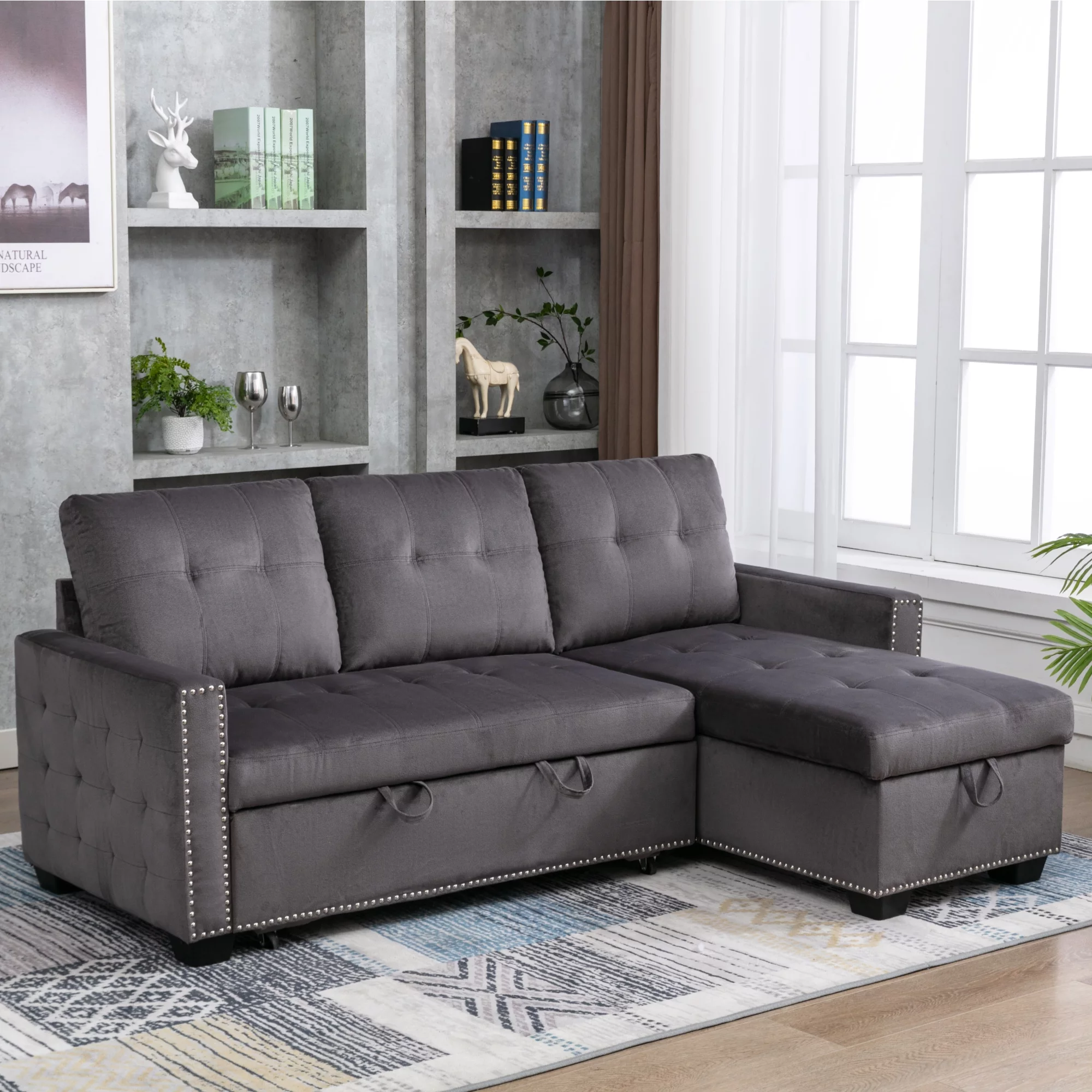 CoSoTower Reversible Sleeper Sofa, Bed,Sectional Storage Sofa Bed,2 Seats Corner Sofa Bed With Big Storage Chaise, ,Skin-Feeling Velvet Fabric For Living Room Furniture